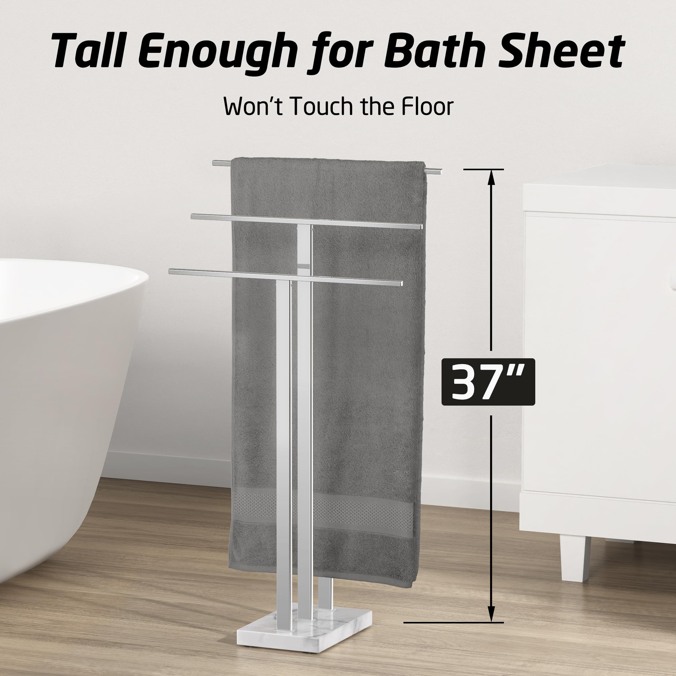 Premium 3-Tier Standing Towel Rack with Marble Base - Sturdy Free-Standing Bathroom Organizer for Large Bath & Hand Towels - 18/8 Stainless Steel Polished Finish (BTH217S3) - Perfect for Spa-Style Bathrooms, Guest Suites & Luxury Home Decor