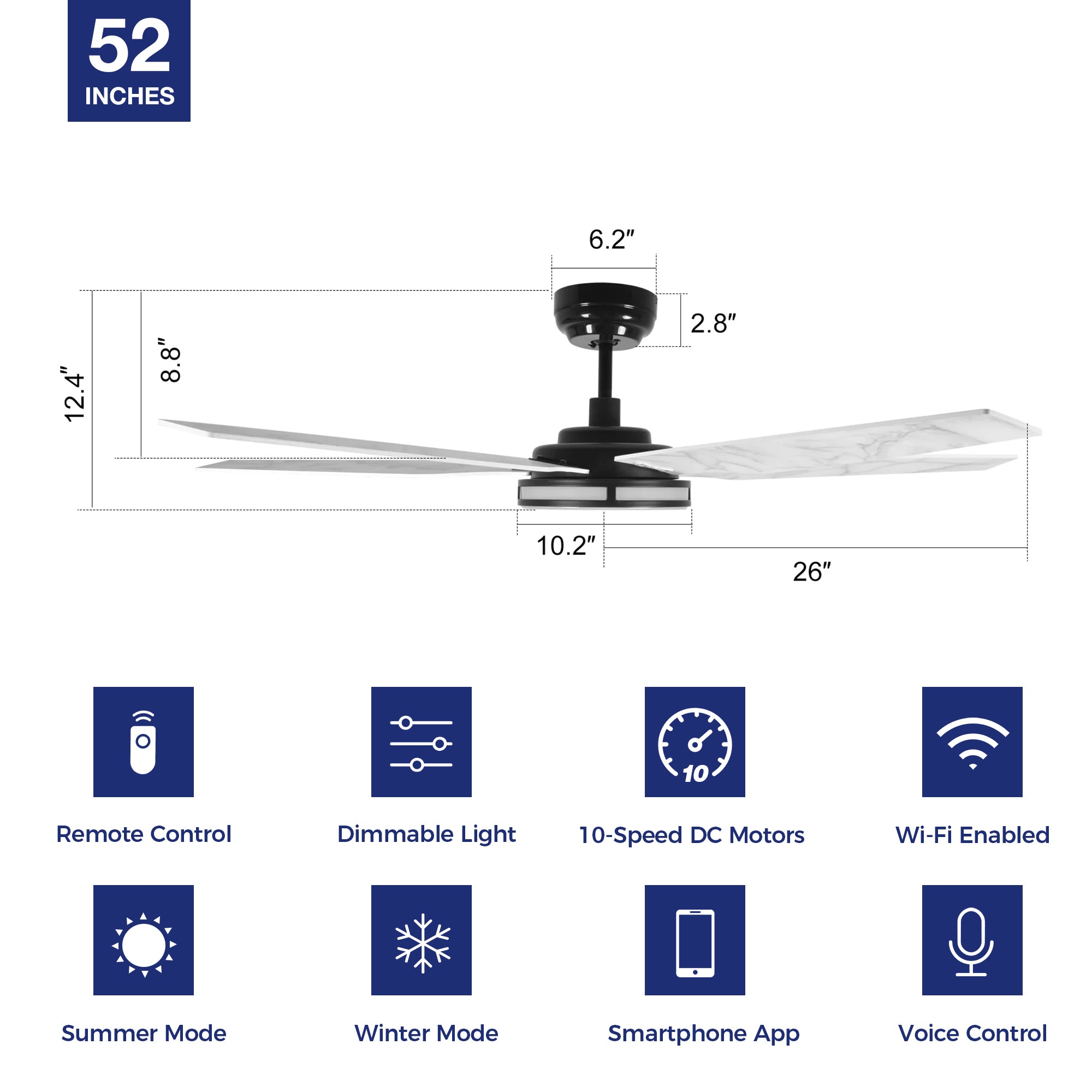 52 Inch Explorer Smart Fan with LED Light & Remote Control - Perfect for Outdoor Patio, Indoor Living Room & Bedroom Cooling