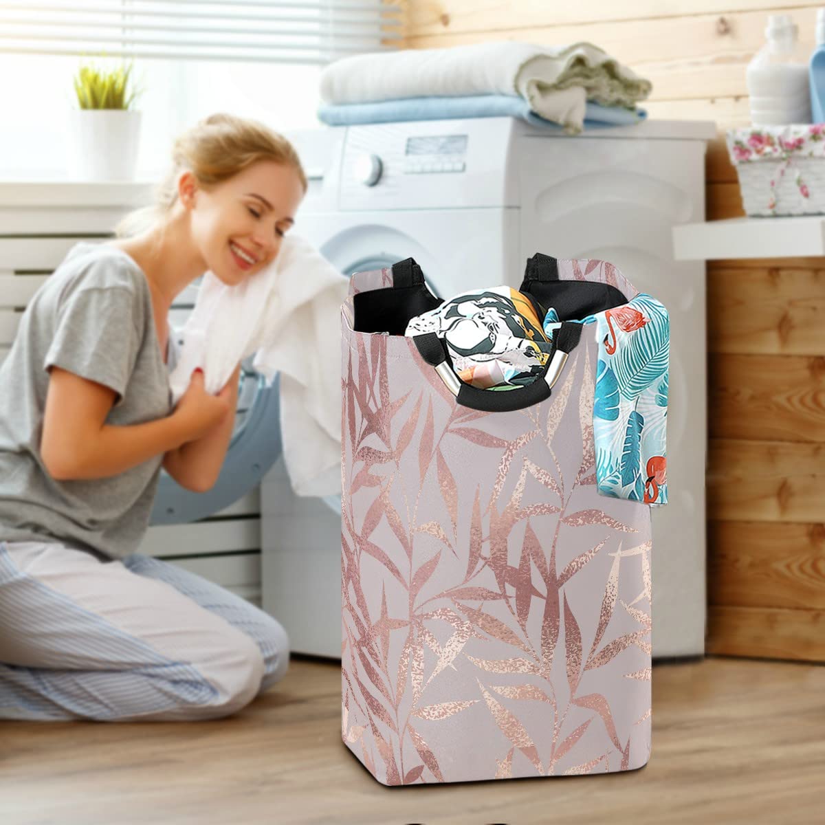 Rose Gold Leaves Foldable Laundry Bag with Handles - Collapsible Laundry Hamper Basket for Bathroom & Laundry Room Organization, Storage & Decor - Perfect for Dorm, Travel & Home Use