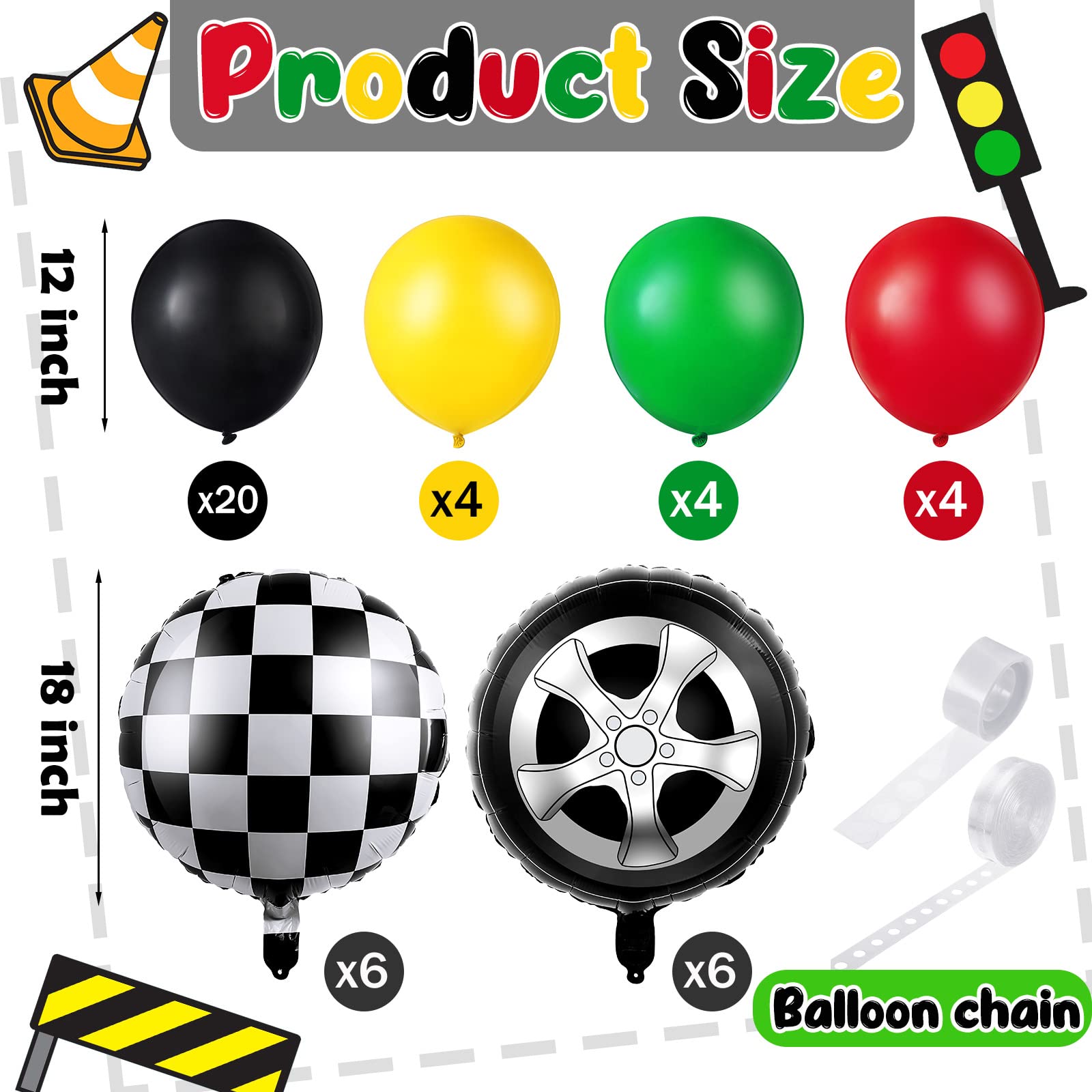 66 Pcs Car Themed Party Decorations - Inflatable Tire Balloons, Traffic Light Balloons & Checkered Foil Balloons with Glue & Chains - Perfect for Boys Birthday, Race Car Fans & Themed Parties - Great for Birthday Celebrations, Baby Showers & Race Car Events