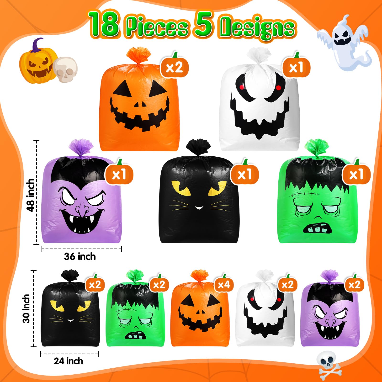 Qilery 18-Pack Reusable Halloween Pumpkin Leaf Bags - Heavy Duty Plastic Lawn Bags with Twist Ties for Fall Yard Waste, Halloween Decorations & Outdoor Party Favors | Perfect for Pumpkin Patches, Trick-or-Treat Goodie Bags & Autumn Garden Cleanup