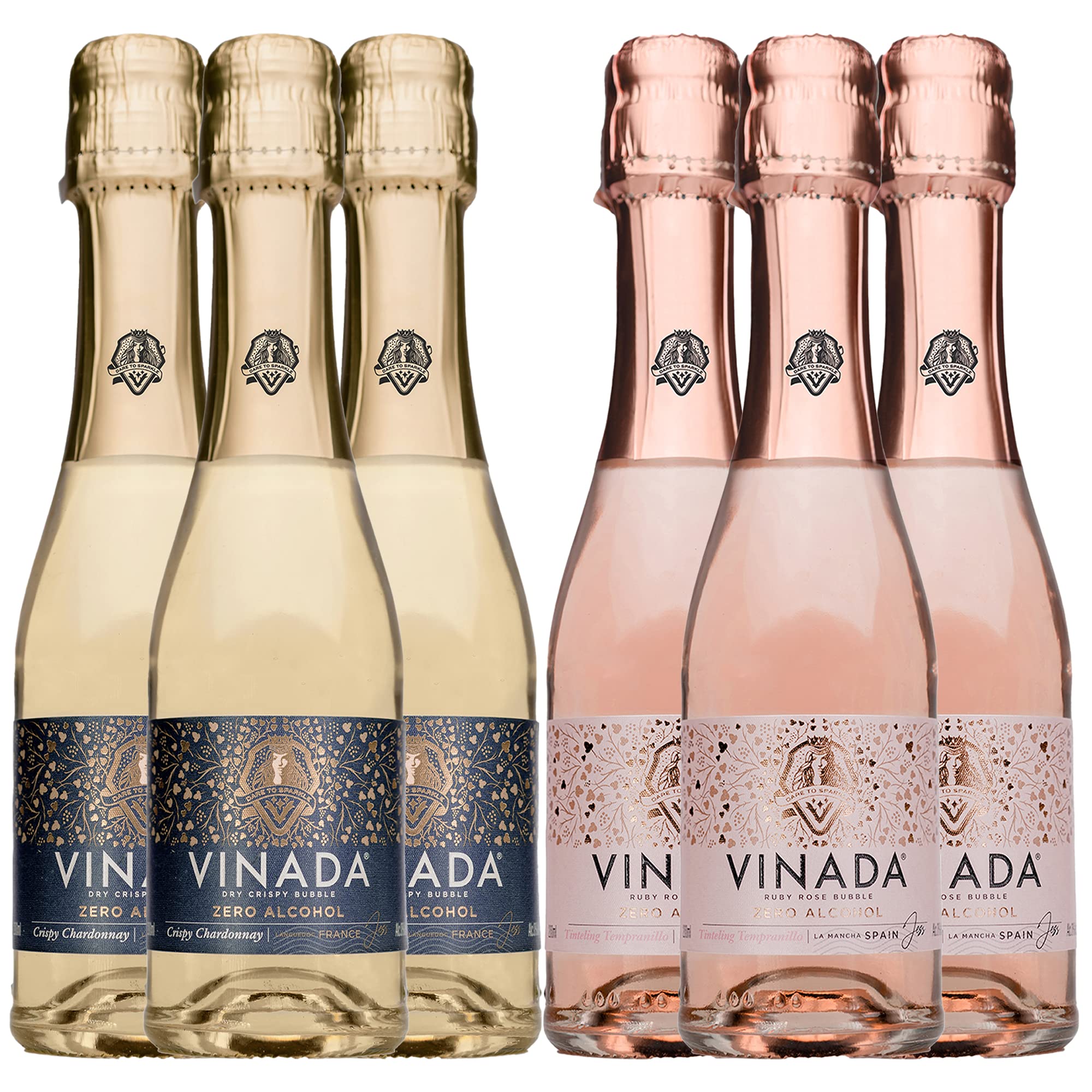 VINADA Alcohol-Free Sparkling Rosé & Crispy Chardonnay Wine Variety Pack - 200ml (6 Bottles) - Perfect for Parties, Celebrations & Healthy Lifestyle