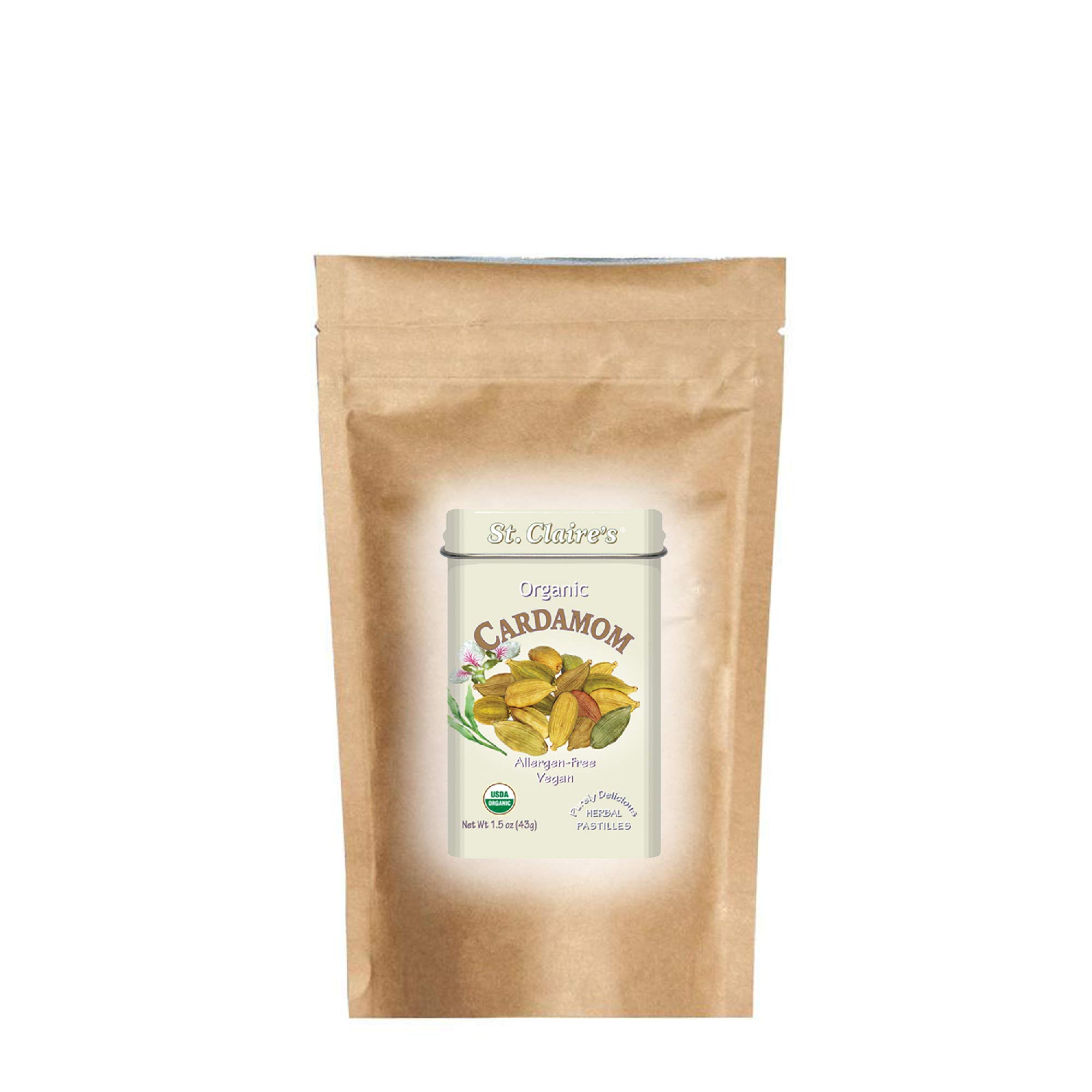 Organic Cardamom Herbal Pastilles by St. Claire's - 8oz Refill Bag | Gluten-Free, Vegan, Non-GMO, Plant-Based, Allergen-Free Candy | Made in Allergy-Friendly Facility | Perfect for Travel, Office Snacks & Digestive Support