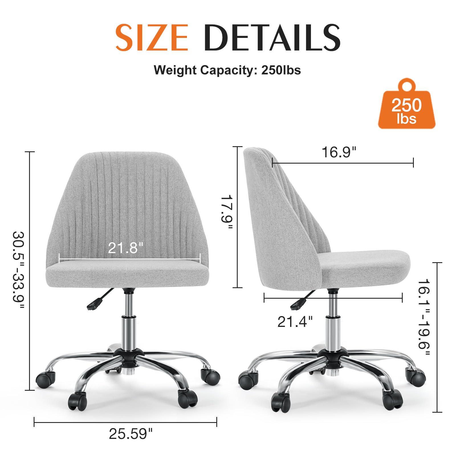 Sweetcrispy Armless Office Chair - Modern Fabric Swivel Desk Chair with Wheels & Adjustable Height, Ergonomic Computer Task Chair for Small Spaces | Perfect for Home Office, Study Room & Vanity Area