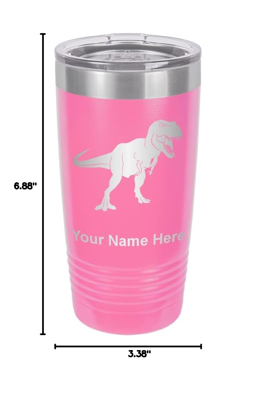 LaserGram 20oz Vacuum Insulated Stainless Steel Tumbler Mug with Dinosaur Design - Custom Tyrannosaurus Rex Engraving, Leakproof Travel Cup for Hot & Cold Drinks (Pink) - Perfect for Office, Gym, Hiking and Outdoor Adventures
