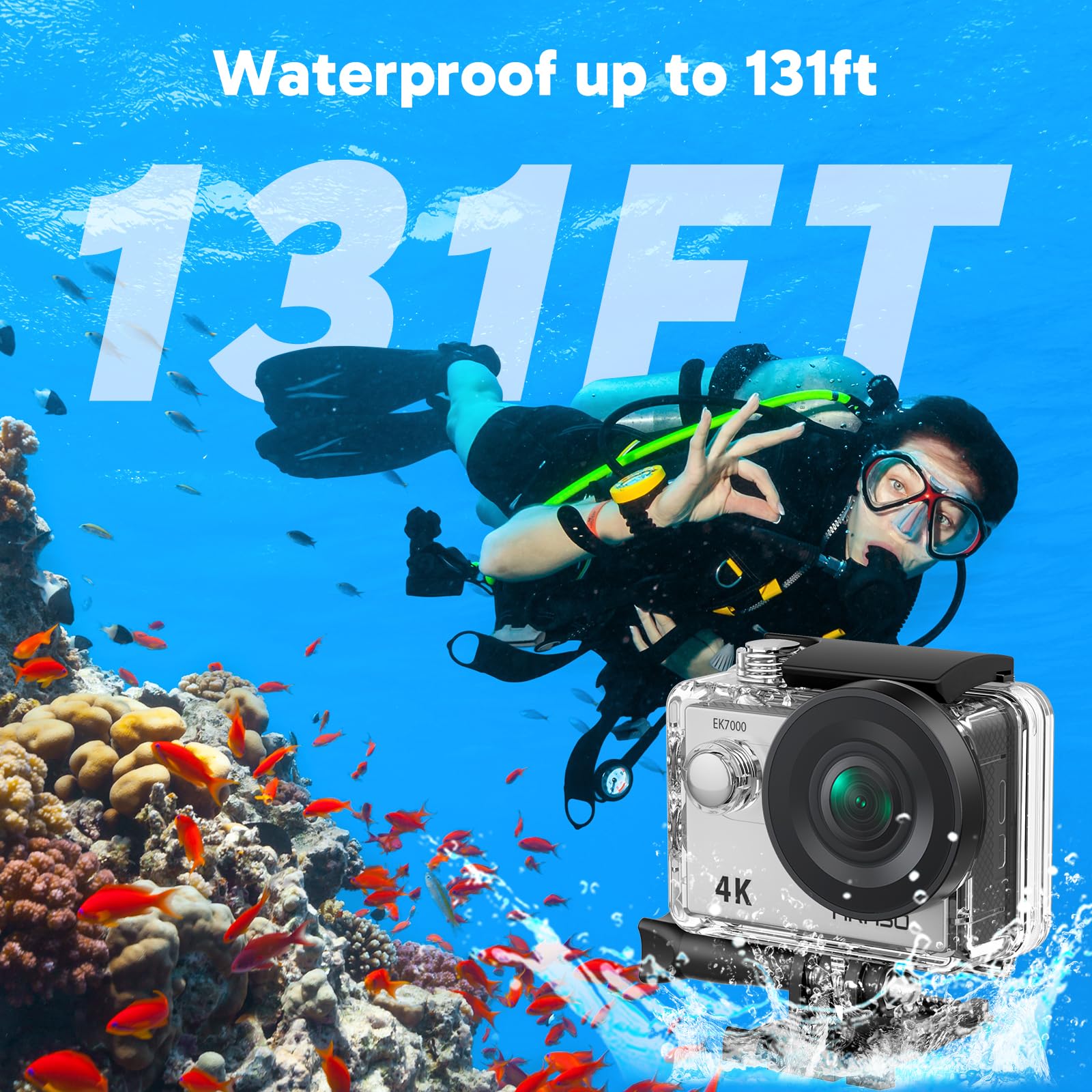 AKASO EK7000 4K30FPS 20MP Waterproof Action Camera with 170° Wide Angle Lens - Underwater Sports & Adventure Photography - Supports External Mic for Vlogging (Silver)