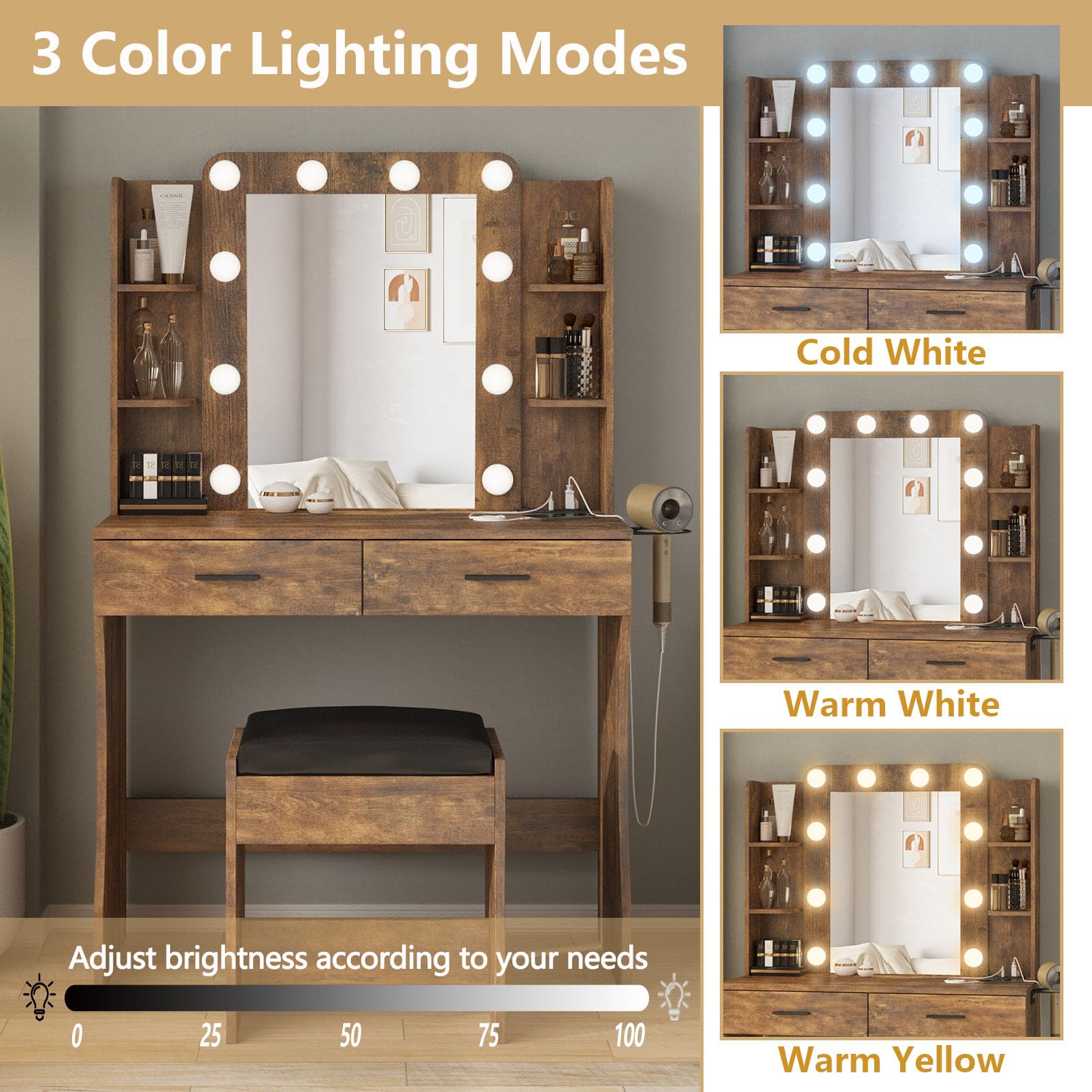 Vanity Desk with LED Lights & Power Strip, Makeup Dressing Table Set with 2 Large Drawers & Adjustable 3-Color Mirror, Rustic Brown - Perfect for Bedroom, Home Salon & Beauty Room Organization