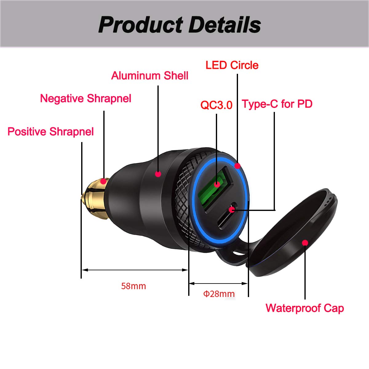 iMESTOU 30W Fast Charger USB C Car Charger - QC 3.0 Waterproof Aluminum DIN Plug Adapter (12V-24V) for BMW Ducati Triumph Motorcycles - Perfect for Road Trips & Motorcycle Travel Accessories