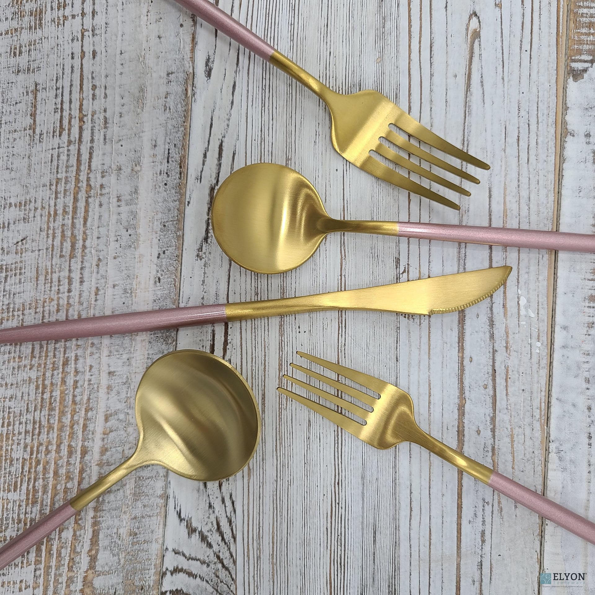 Elyon Lea 20-Piece Matte Gold and Pink Flatware Set - 18/10 Stainless Steel Silverware with Pink Thin Handles & Gold Finish Cutlery - Service for 4 - Perfect for Dinner Parties, Weddings, and Elegant Home Dining