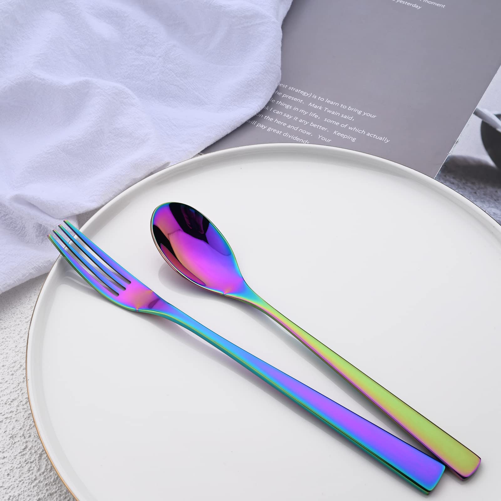 36-Piece Stainless Steel Flatware Set with Steak Knives - Rainbow Silverware Cutlery for 6 People - Mirror Polished, Dishwasher Safe - Perfect for Home, Hotel, Restaurant & Dinner Parties (Multicolor)
