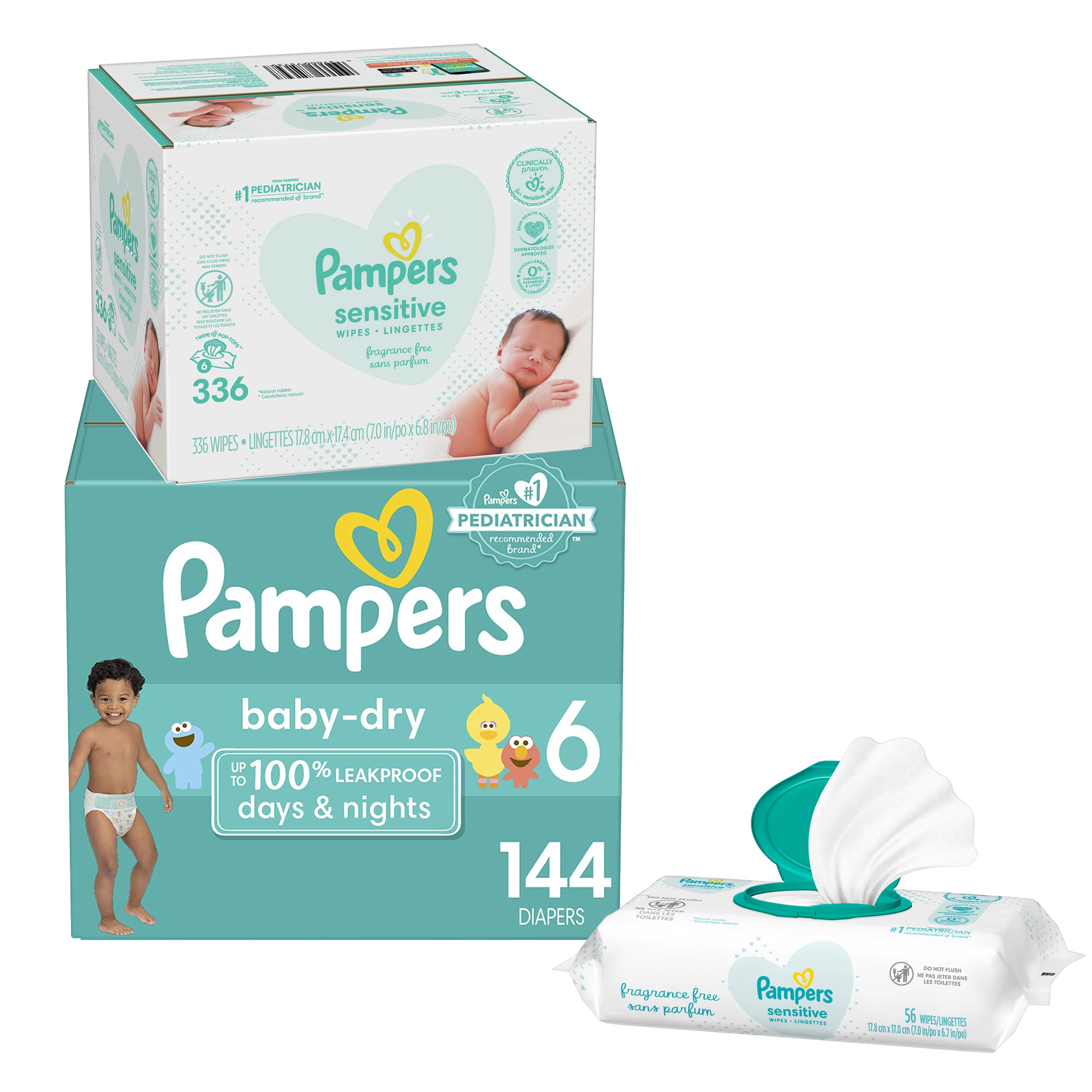 **Pampers Baby Dry Disposable Diapers Size 6 (144 Count) & Sensitive Baby Wipes (336 Count) - One Month Supply for Newborns & Toddlers - Soft, Hypoallergenic for Overnight & Daily Use**