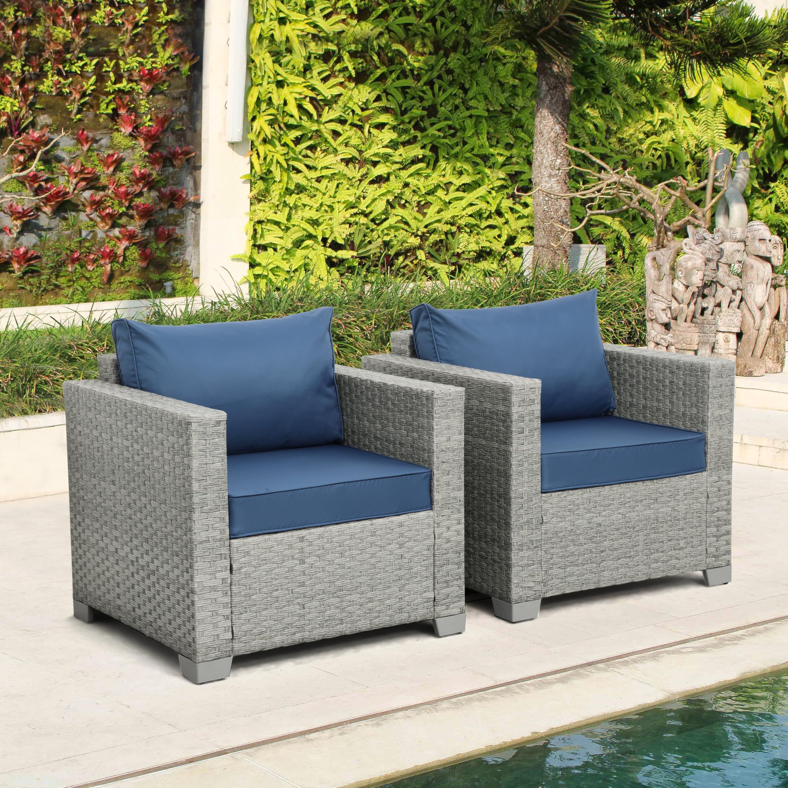 WAROOM 2-Piece Outdoor Wicker Patio Sofa Set - Grey Rattan Deep Seating Armchairs with Blue Cushions, Perfect for Porch, Balcony, Garden & Poolside Relaxation