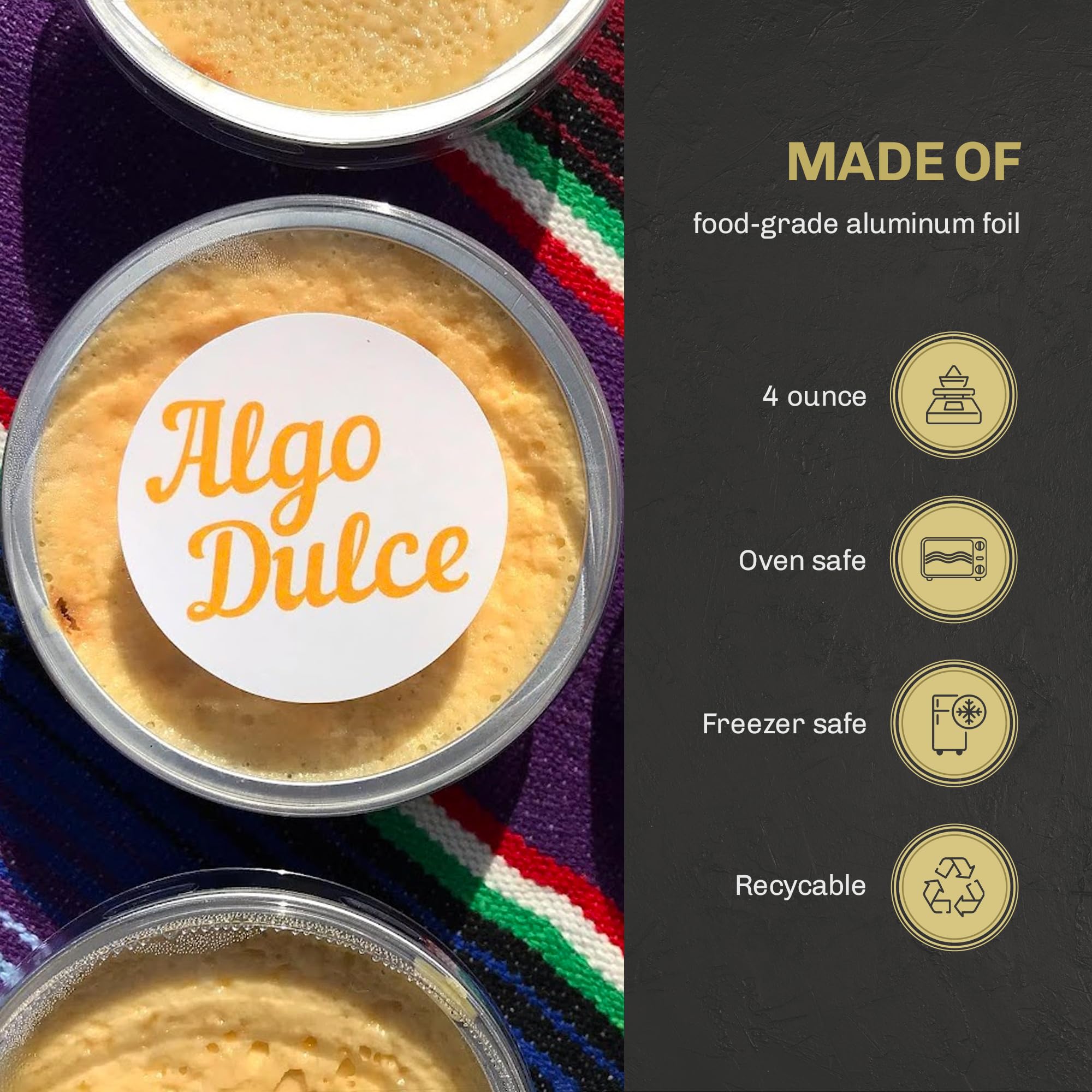 KitchenDance 4oz Disposable Gold Aluminum Baking Cups with Flat Lids - 500 Pack Colored Foil Pans for Creme Brulee, Flan, Cupcakes & Desserts - Perfect for Baking, Cooking, Meal Prep & Party Serving