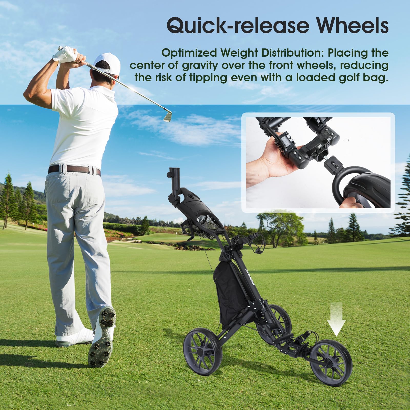 DRUIDS 3 Wheel Golf Push Cart - Lightweight Compact Folding Golf Trolley with Cooler, Brake & Cup/Umbrella Holder | Manual Pull Caddy for Walking Golfers | Perfect for Golf Courses, Driving Ranges & Outdoor Practice