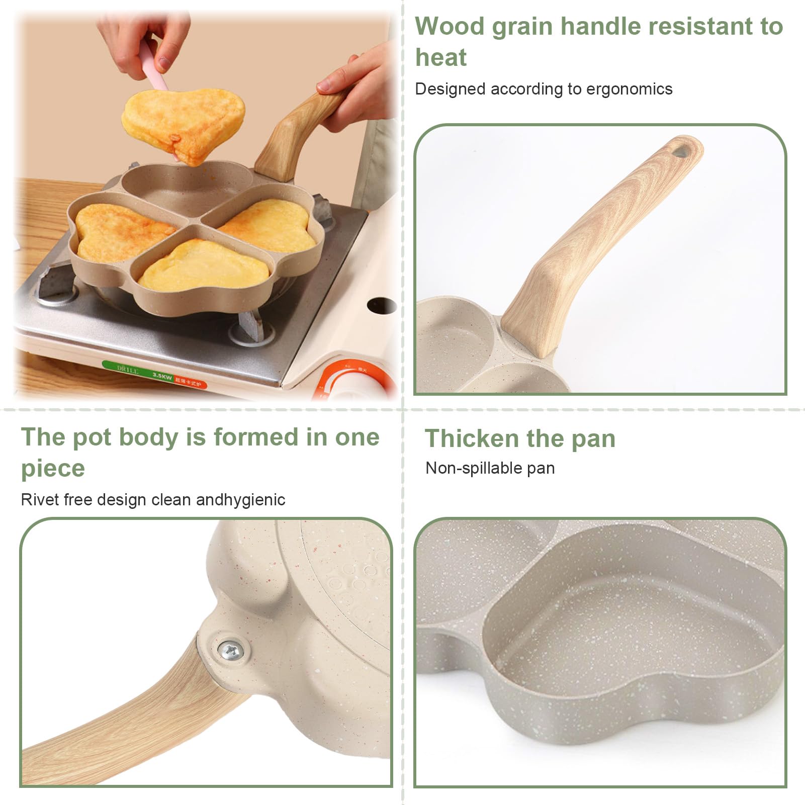Bocguy Nonstick Heart-Shaped Pancake Pan - 4 Hole Aluminum Griddle for Pancakes, Eggs, Burgers - Induction & Gas Stove Compatible - Perfect for Breakfast, Brunch, and Family Cooking