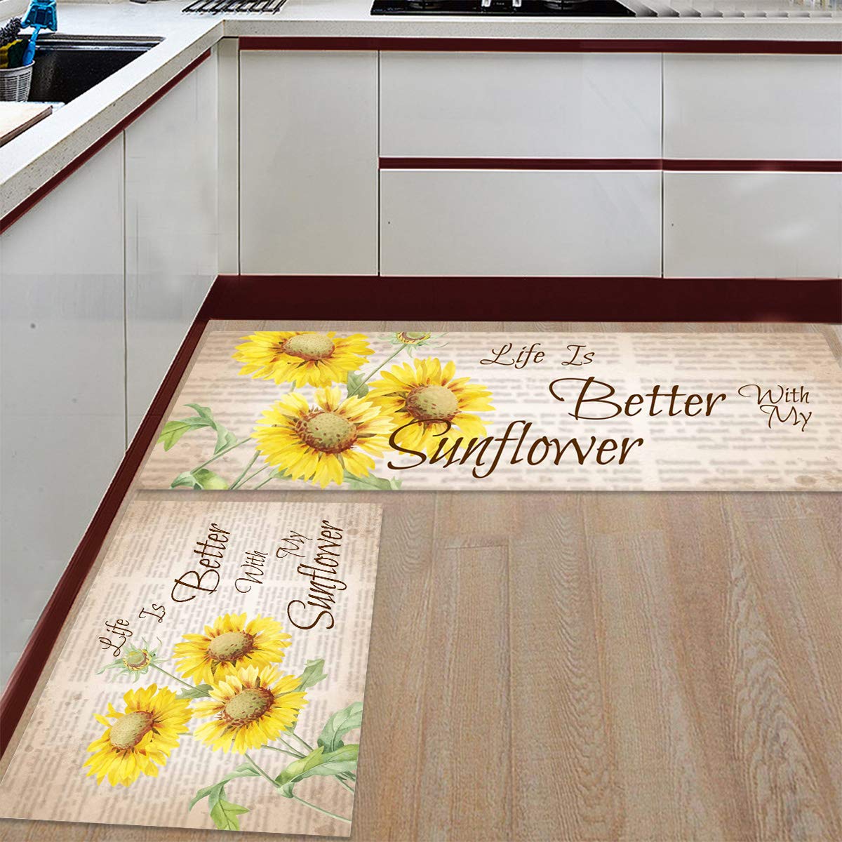 Non-Slip Sunflower Kitchen Rug Set - 2 Piece Washable Floor Mats (15.7