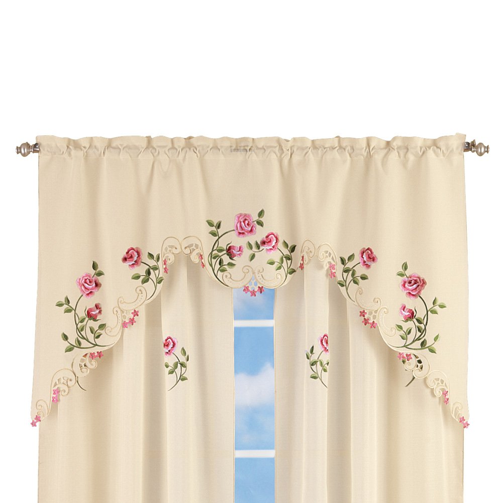 Elegant Pink Rose Floral Embroidered Curtains & Drapes Set with Valance - Ivory & Rose Home Decor for Living Room, Bedroom, Dining Room