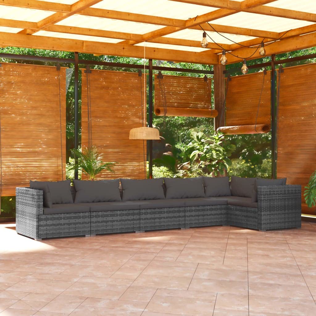 vidaXL 6-Piece Patio Lounge Set - Outdoor Garden Furniture with Cushions, Gray Poly Rattan Sectional Sofa for Backyard, Poolside & Terrace Relaxation