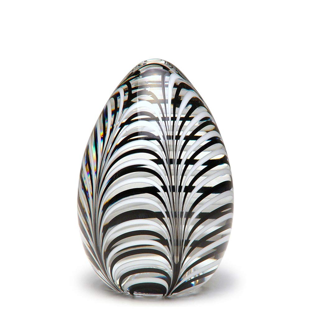 Hand Blown Murano-Style Art Glass Paperweight - Cá d'Oro Egg with Black & White Feather Design | Elegant Desk Decor, Office Gift & Luxury Home Accessory
