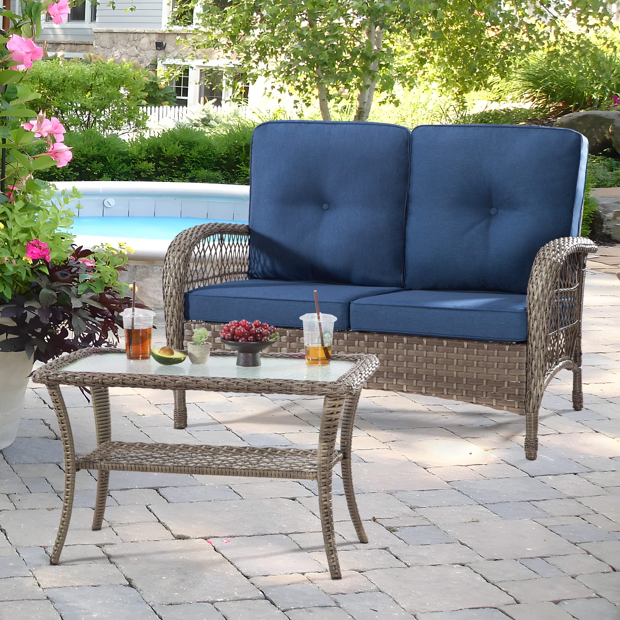 Joyside 2-Piece Patio Wicker Furniture Set - All Weather Resin Rattan Outdoor Sofa & Coffee Table with Olefin Cushions (Brown/Blue) - Perfect for Garden, Backyard, Poolside & Patio Relaxation