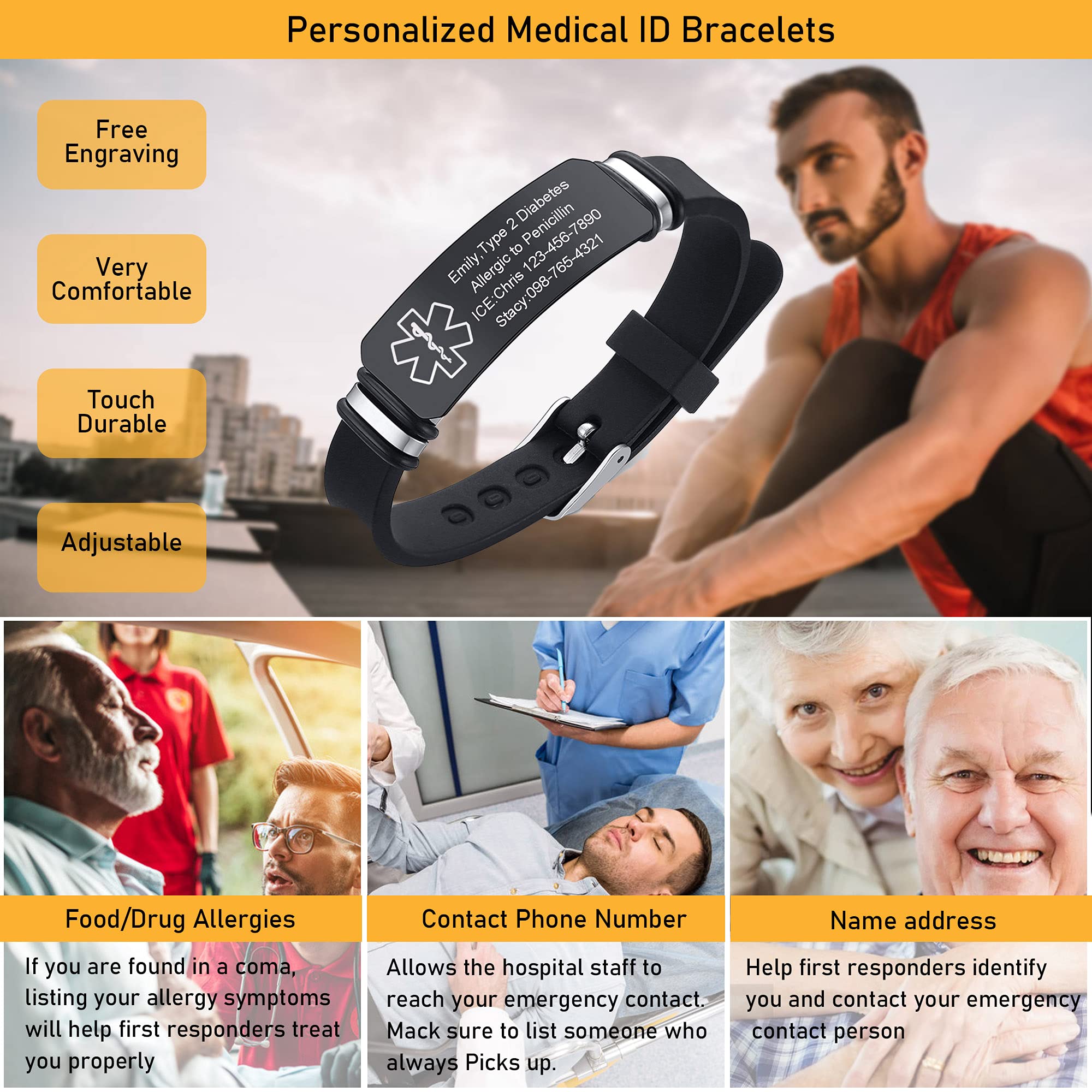 VNOX Adjustable Stainless Steel Medical Alert Bracelet for Men, Women & Kids - Free Engraving Emergency ID Wristband | Perfect for Diabetes, Allergies & Heart Conditions