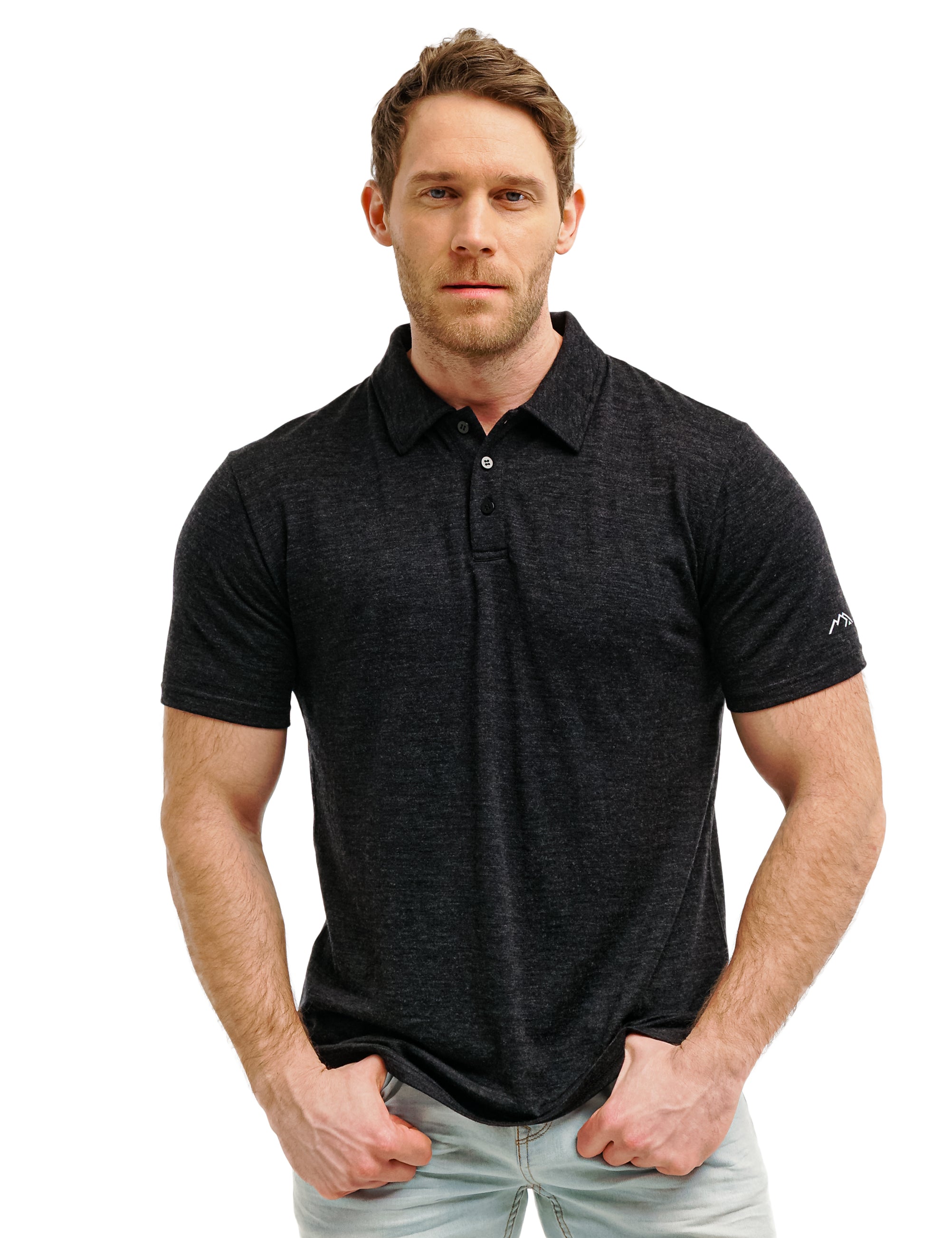 Premium Men's Merino Wool Polo Shirt - 165 GSM, Black Melange - Breathable & Odor-Resistant for Golf, Business & Casual Wear