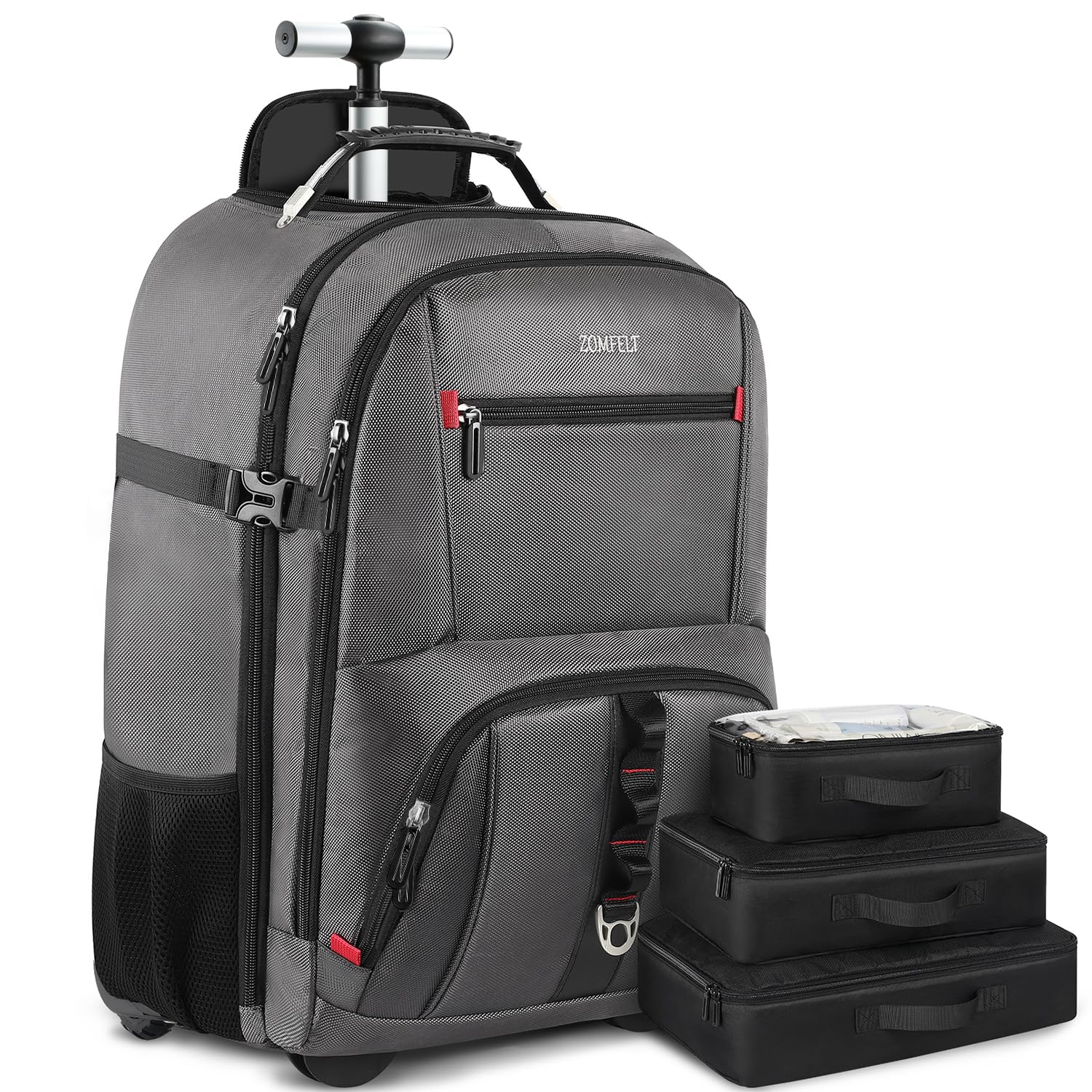 ZOMFELT 17.3 Inch Rolling Laptop Backpack for Men & Women - Wheeled Carry On Backpack with 3 Packing Cubes - Business Travel Backpack with Wheels for Work, Airplane, Commuting (Grey)