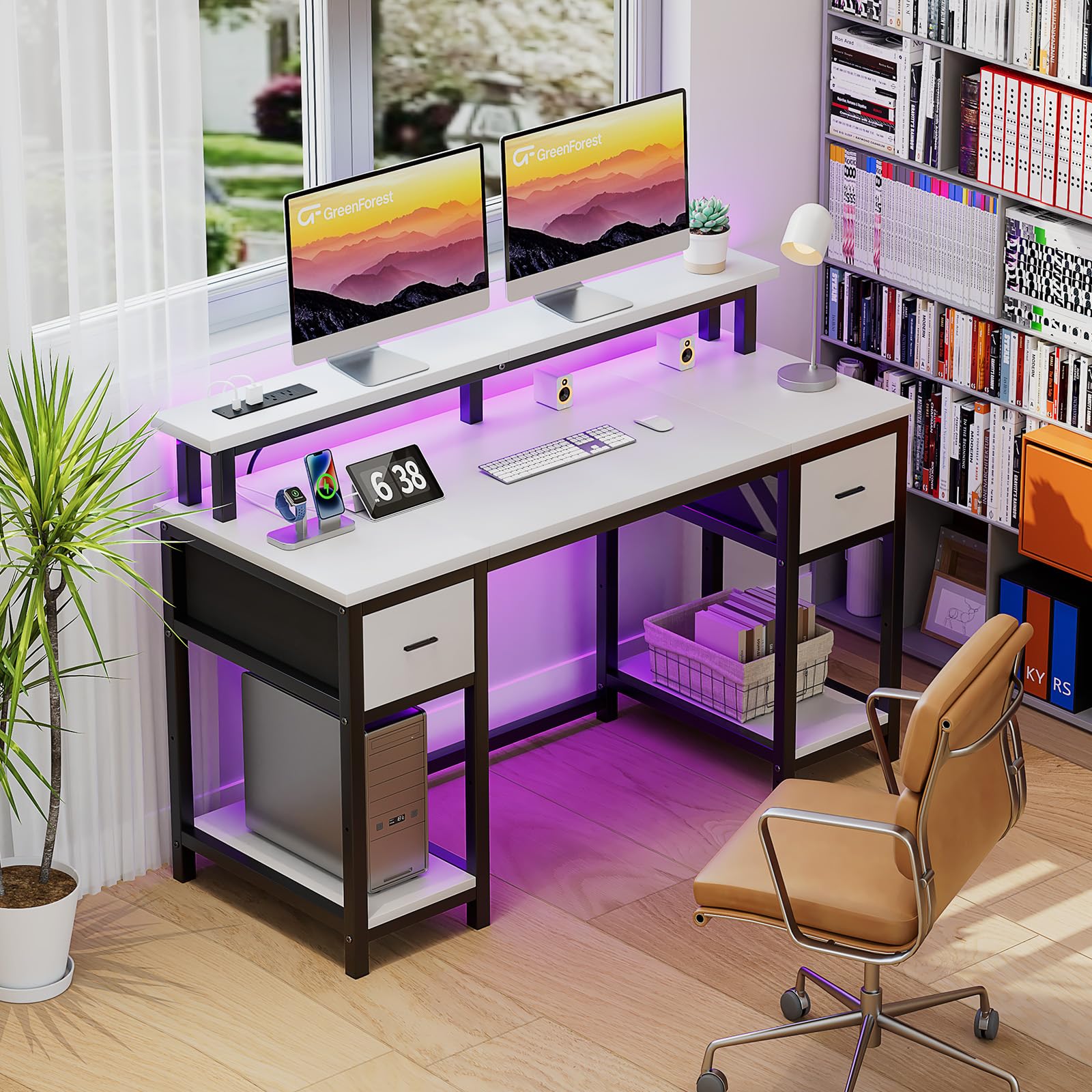 GreenForest 50 Inch Computer Desk with Monitor Stand, LED Lights & Power Outlets - Gaming & Office Desk with 2 Fabric Drawers & Shelves, White - Perfect for Home Office, Gaming Setup & Workspace Organization