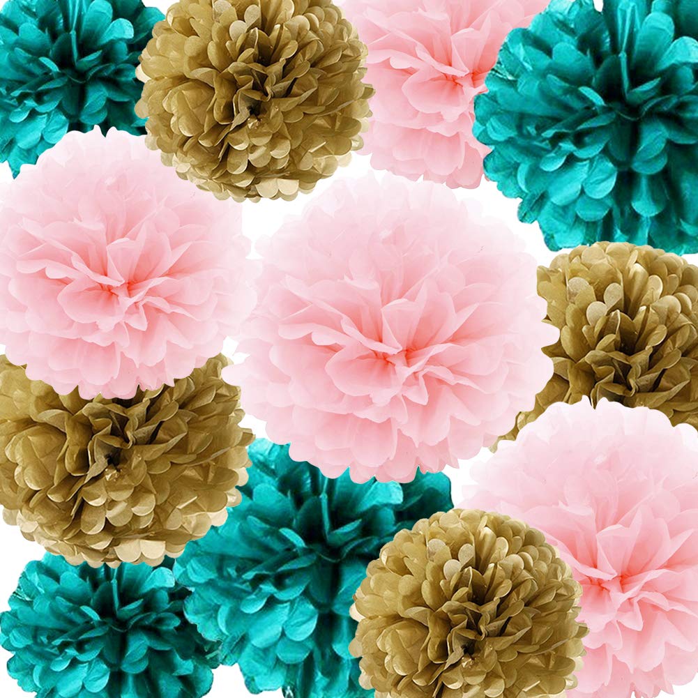 12PCS Teal Pink Gold Tissue Pom Poms - Wedding Decorations, Bridal Shower Decor, Baby Shower Party Supplies, Girls Birthday Party Decor | Perfect for Home Decor, Event Centerpieces & Photo Backdrops