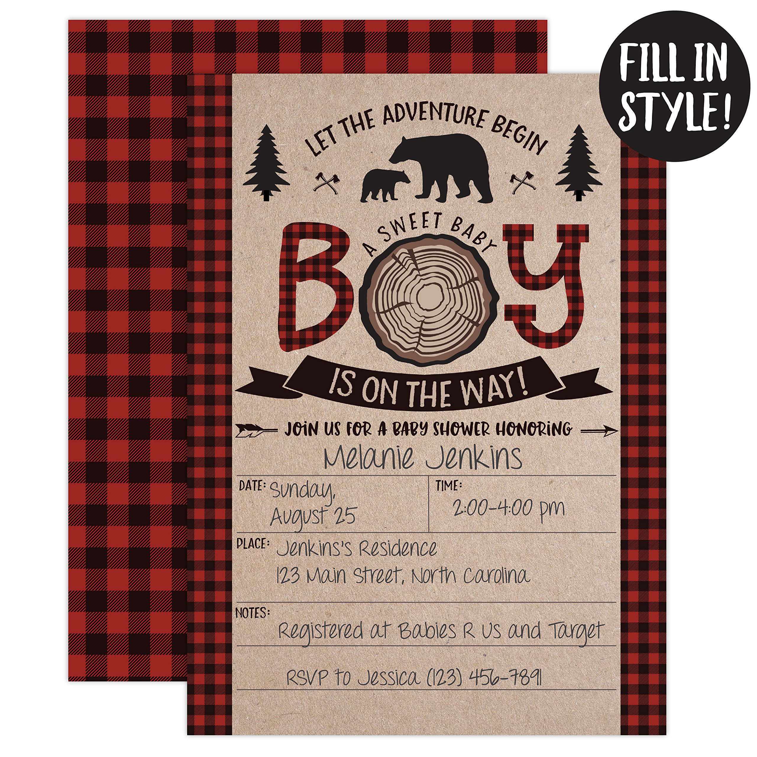 Lumberjack Baby Shower Invitations for Boys - Woodland Theme Mama Bear Baby Shower Invites with 20 Fill-in Cards & Envelopes - Perfect for Rustic Nursery, Gender Reveal Parties and Outdoor Themed Celebrations