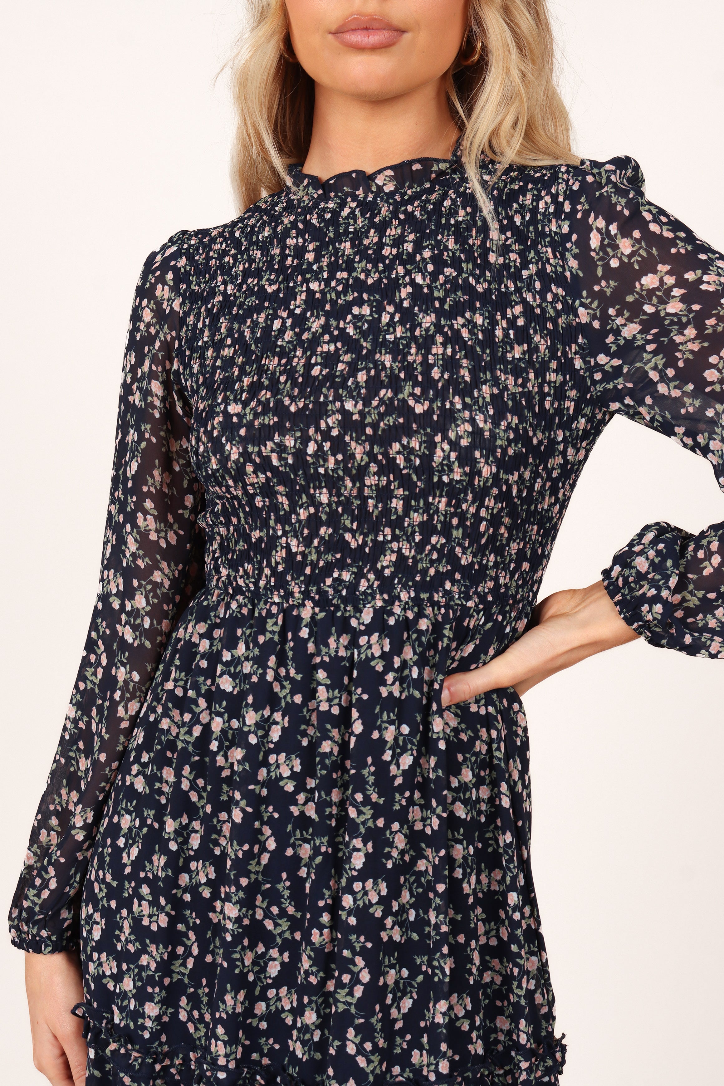 Edwina Women's Navy Floral Shirred Frill Long Sleeve Midi Dress - Elegant Party, Wedding Guest & Spring Occasion Outfit