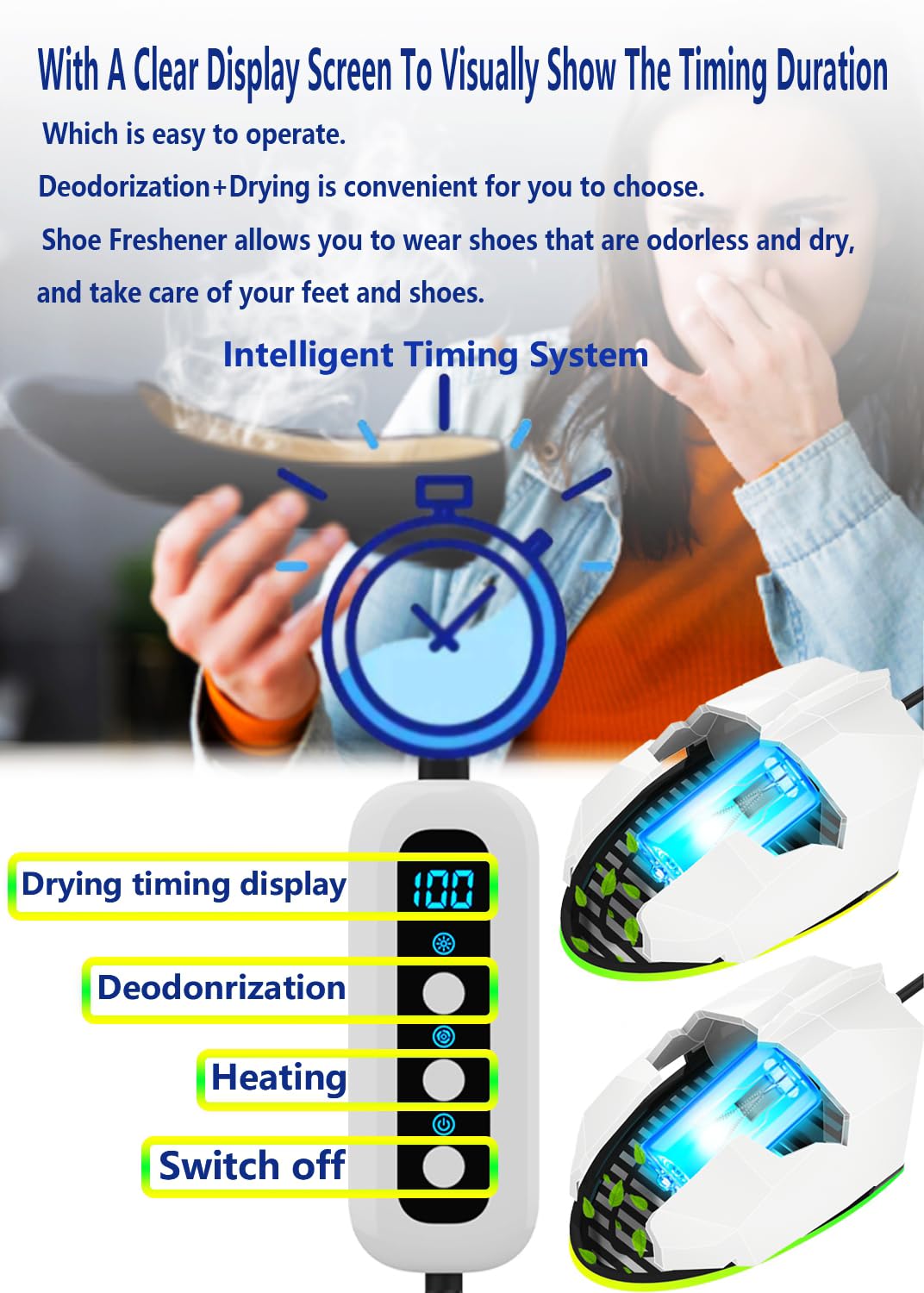 Portable Shoe Dryer and Deodorizer for Sneakers & Boots - Electric Boot Warmer, Shoe Odor Eliminator with Intelligent Timer - Perfect for Work Boots, Hiking Shoes & Gym Sneakers - Silent Operation for Home, Office & Travel Use