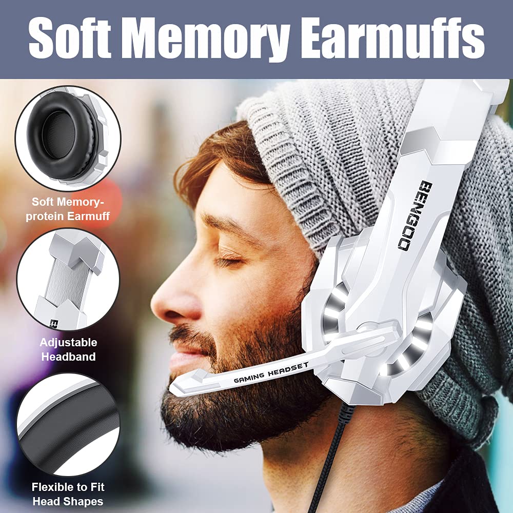 BENGOO Pro Gaming Headset with Noise Cancelling Mic - Compatible with PS4, PS5, PC, Xbox One, Laptop & Mac | Over-Ear Headphones with LED Lights, Bass Surround & Memory Foam Earmuffs (White) - Perfect for Gaming, Streaming & Online Meetings