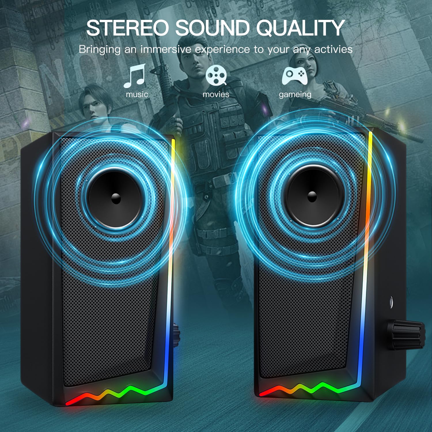 Computer Speakers with 3.5mm Aux, RGB Gaming Speakers with Volume Control, Desktop Speakers for PC/Monitor/Laptop/Tablet/Phone, Perfect for Gaming, Work, and Home Entertainment