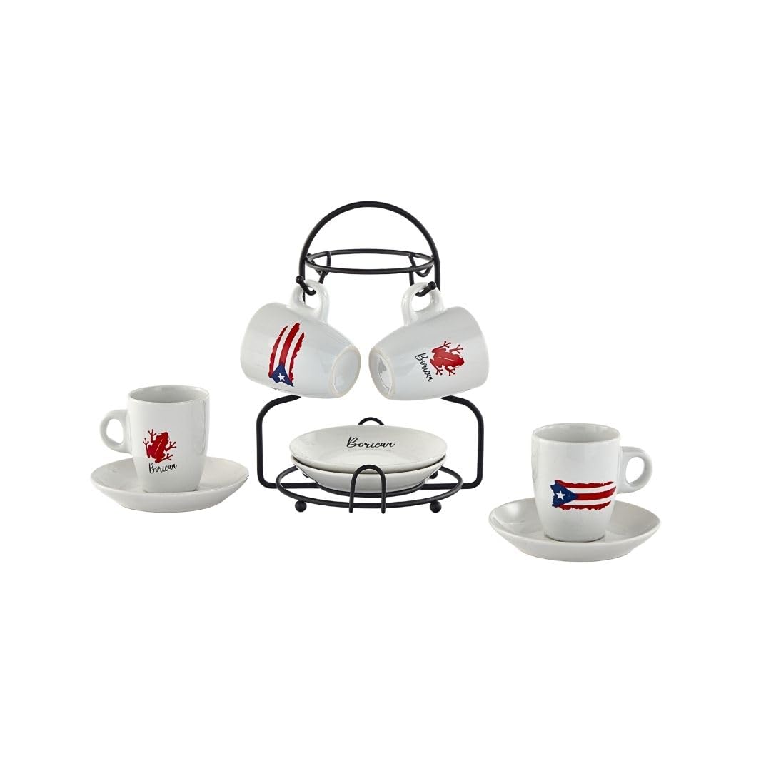 IMUSA 8-Piece 3oz Boricua Espresso Cups and Saucers Set with Wooden Rack - Perfect for Serving Cuban Coffee, Italian Espresso, or Turkish Tea at Home Cafes and Restaurants