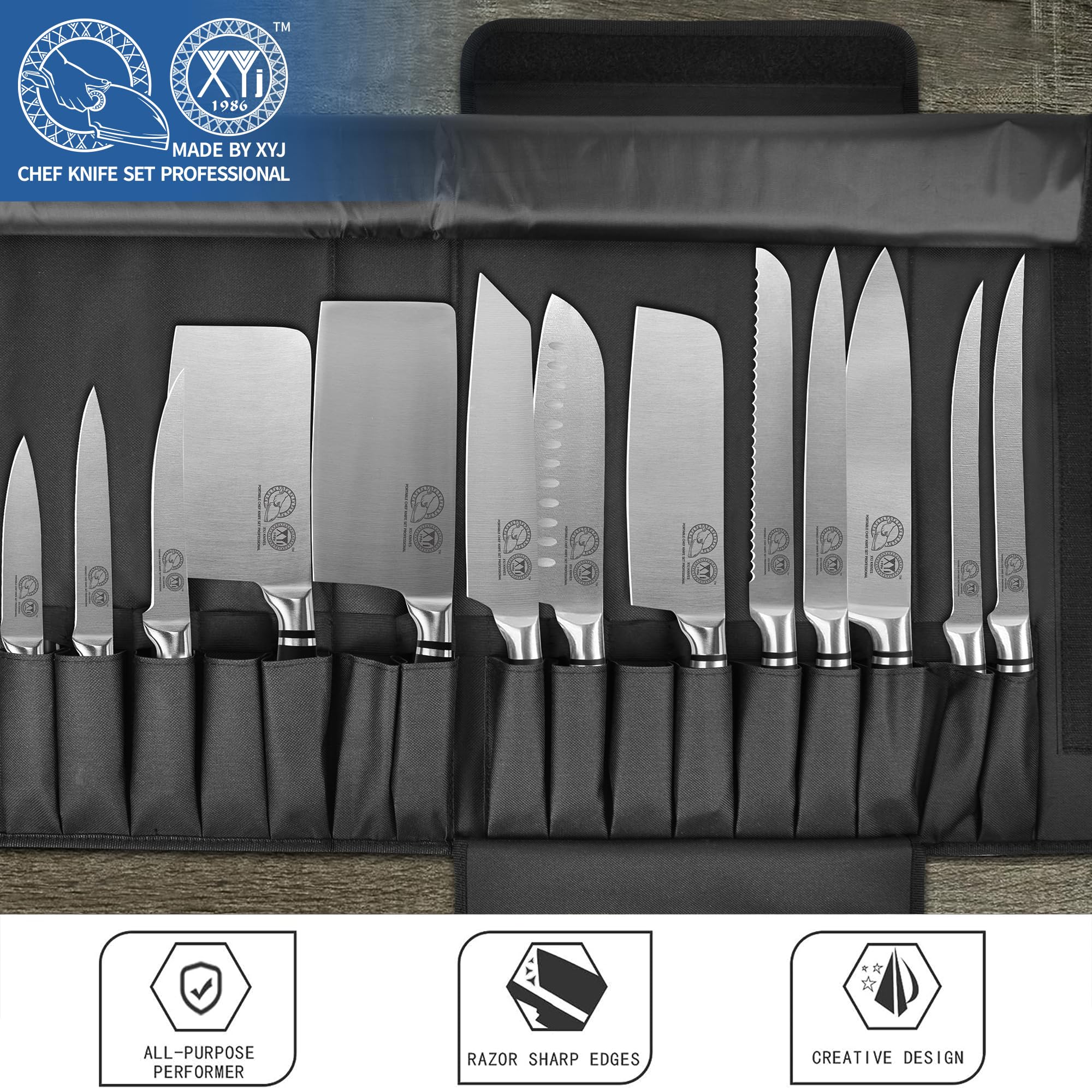 XYJ Professional Chef Knife Set with Bag - Authentic Since 1986 - Includes Cleaver Butcher Knife for Meat Cutting - Perfect for Home Kitchens, Restaurants & BBQ Parties