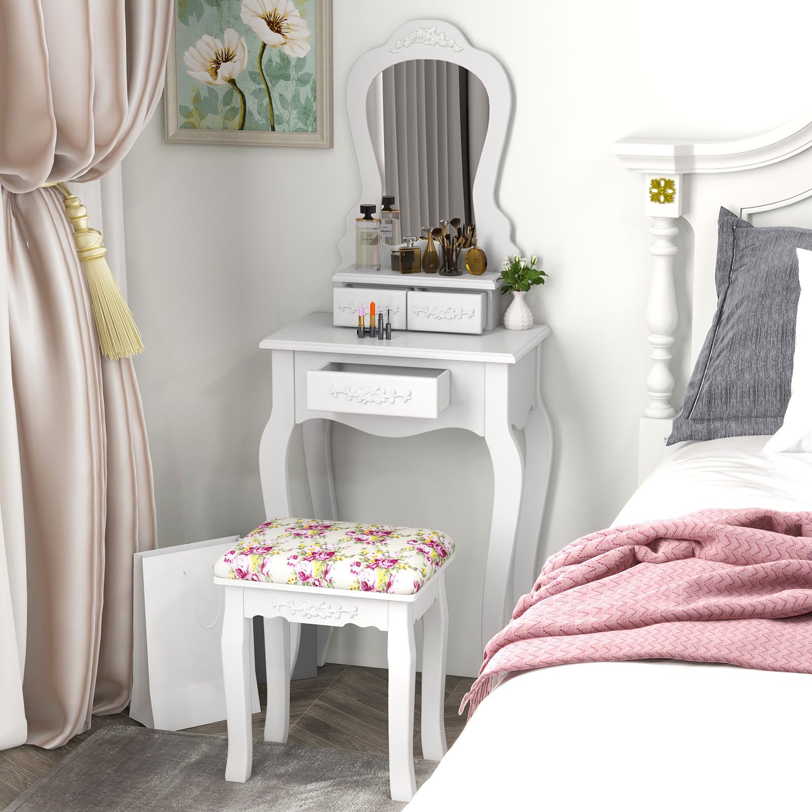Vintage Wooden Makeup Vanity Table with Removable Fan-Shaped Mirror & 3 Drawers, White Dressing Table with Padded Stool (50 x 30 x 136 cm) - Perfect for Bedroom, Dressing Room & Beauty Salon Organization