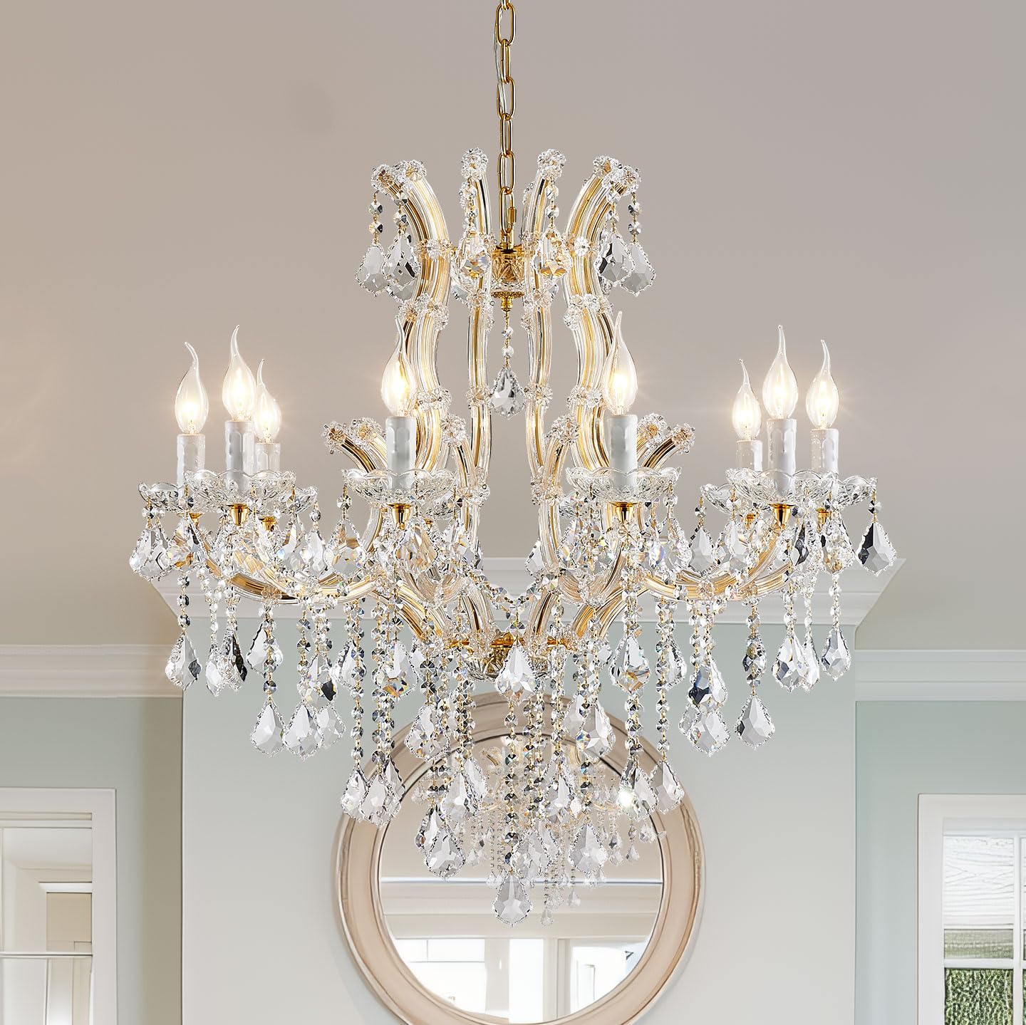 Luxury Modern Gold Crystal Chandelier Lighting - Elegant Maria Theresa Style Chandelier with 10 Lights for Dining Room, Kitchen Island, Living Room, Bedroom - Perfect for Weddings, Hotels, and Upscale Home Decor