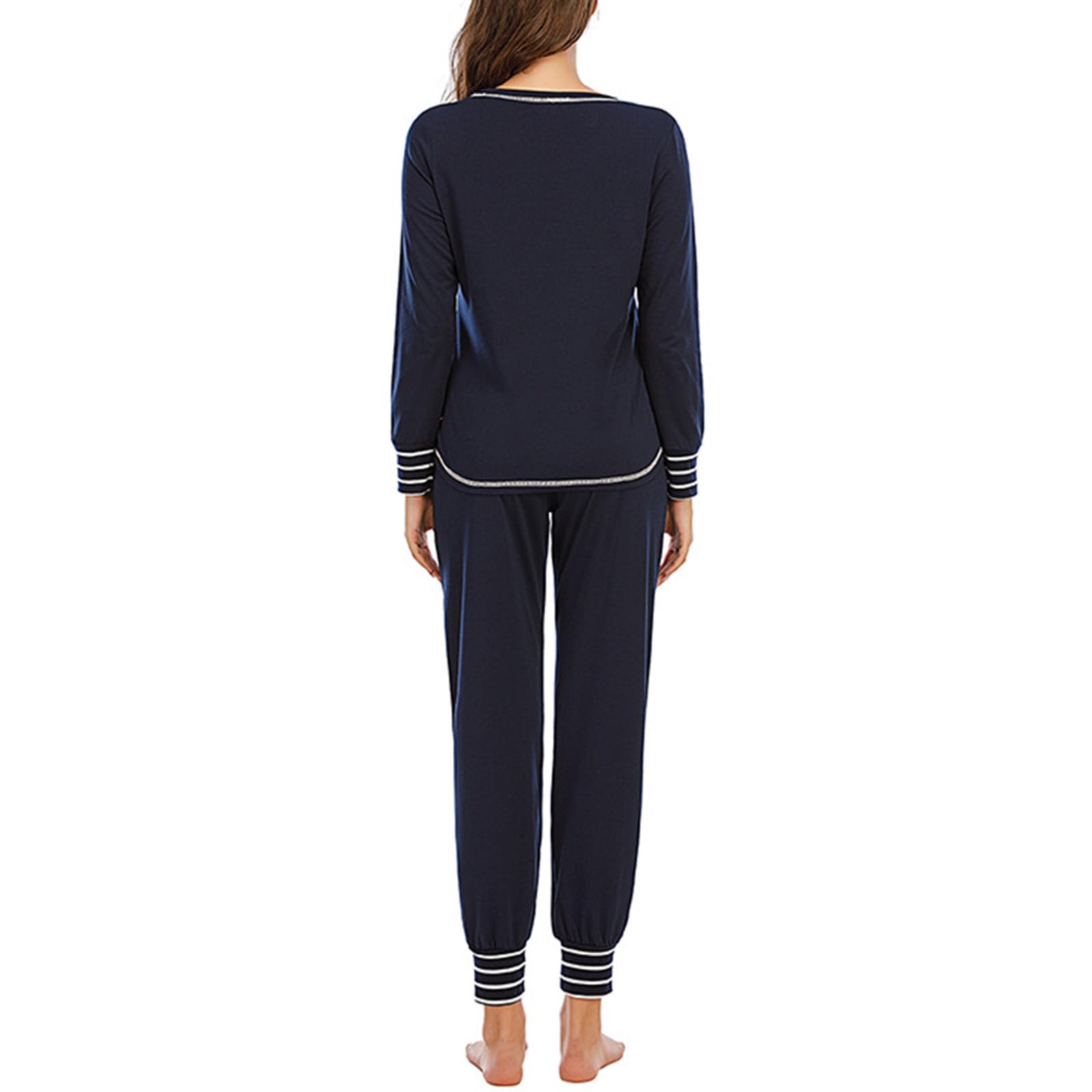 Women's 2-Piece Pajama Set - Soft Round Neck Long Sleeve Top & Comfortable Pants - Striped Printed Loungewear for Sleep & Relaxation at Home