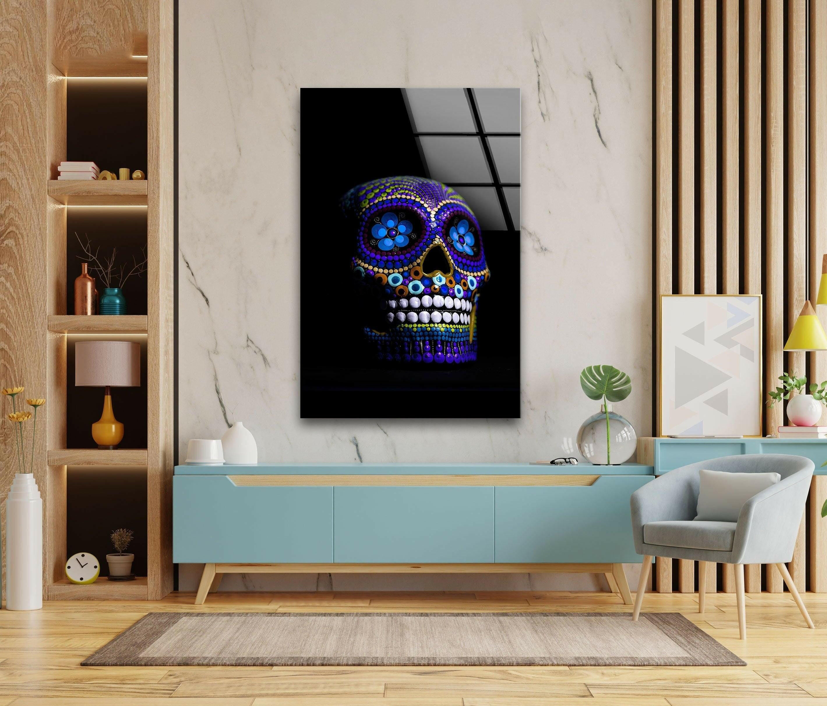 Vibrant Blue Mexican Skull Glass Wall Art - Handmade Sugar Skull Decor for Dia de los Muertos - Perfect for Home, Office, or Halloween Party Decorations
