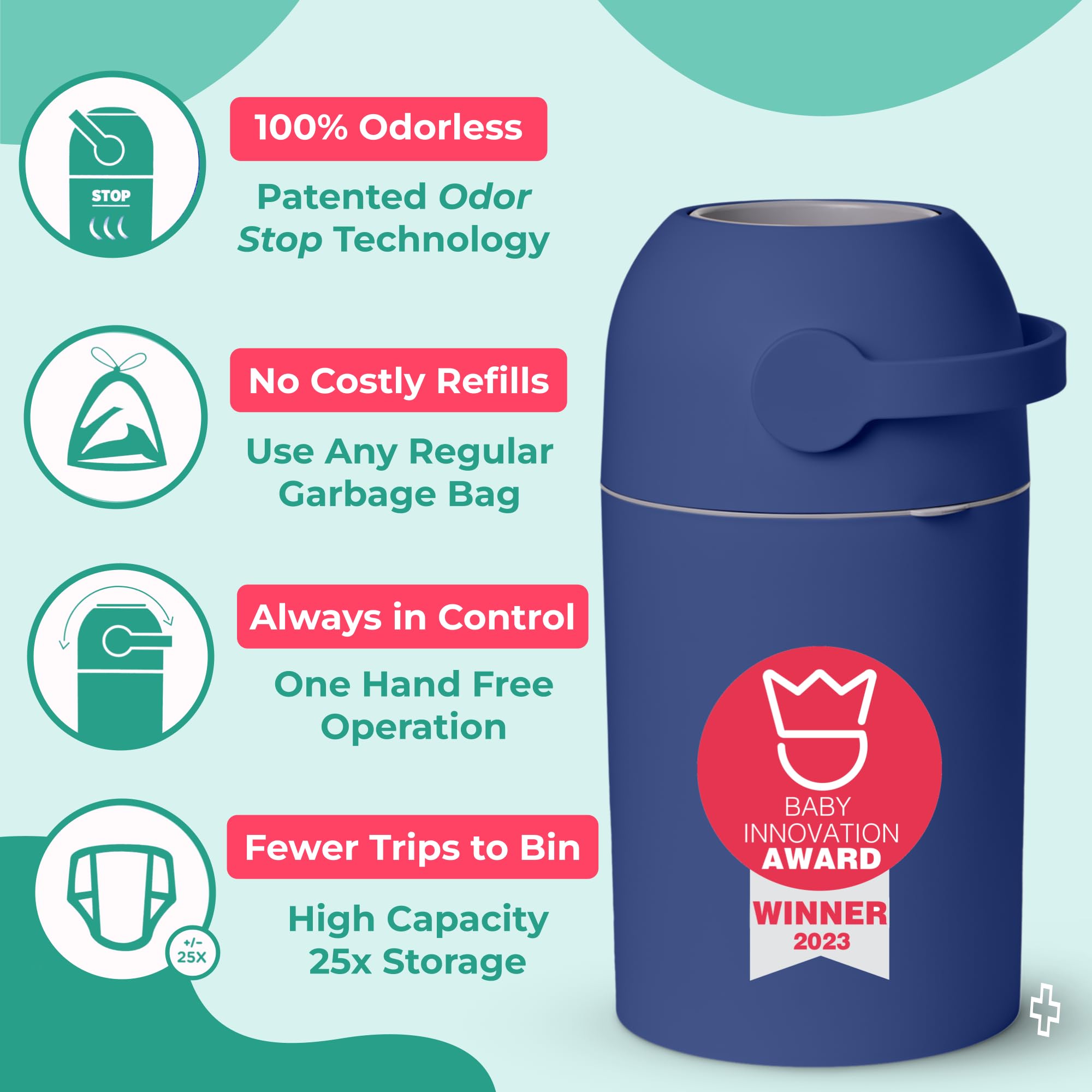 Magic Baby Diaper Pail with Patented Odor-Lock Technology - One-Hand Operation, Universal Bag Compatibility - Includes 1 Roll of Bags (Cobalt Blue) - Perfect for Nursery, Daycare & Travel Use