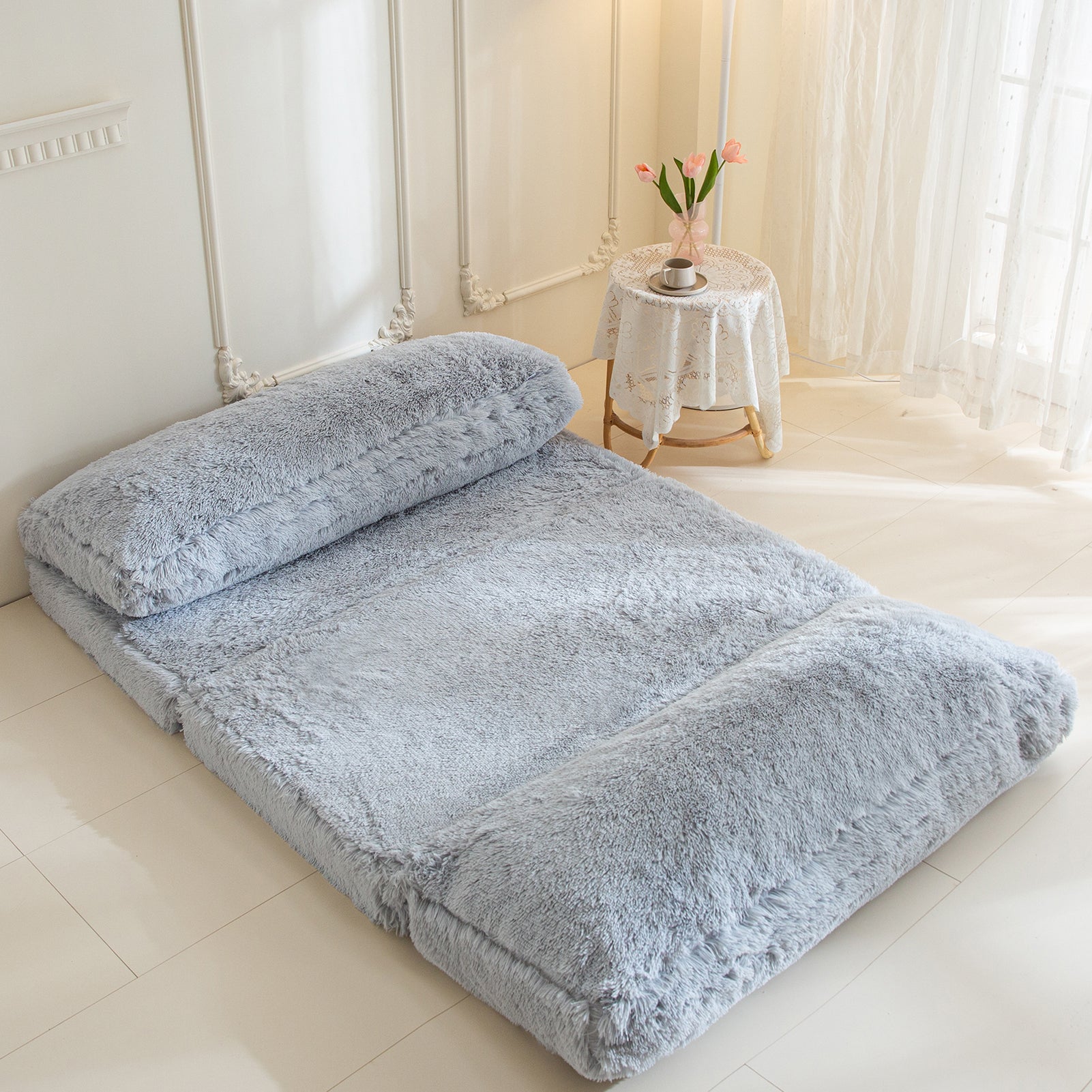 MAXYOYO Folding Floor Sofa Bed - Grey Faux Fur Bean Bag Chair with Foam Filling, Convertible Sleeper for Living Room, Bedroom & Dorm | Comfortable Lounge Seating for Relaxing, Reading & Napping