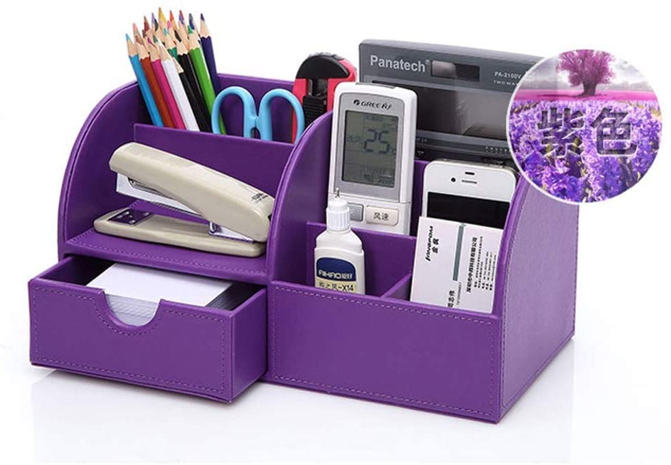 Premium Leather Pen & Pencil Holder with Drawer - Multifunctional Desk Organizer for Office Supplies, Stationery Storage Box - Perfect for Office Desk Decoration & Workspace Organization (Purple)