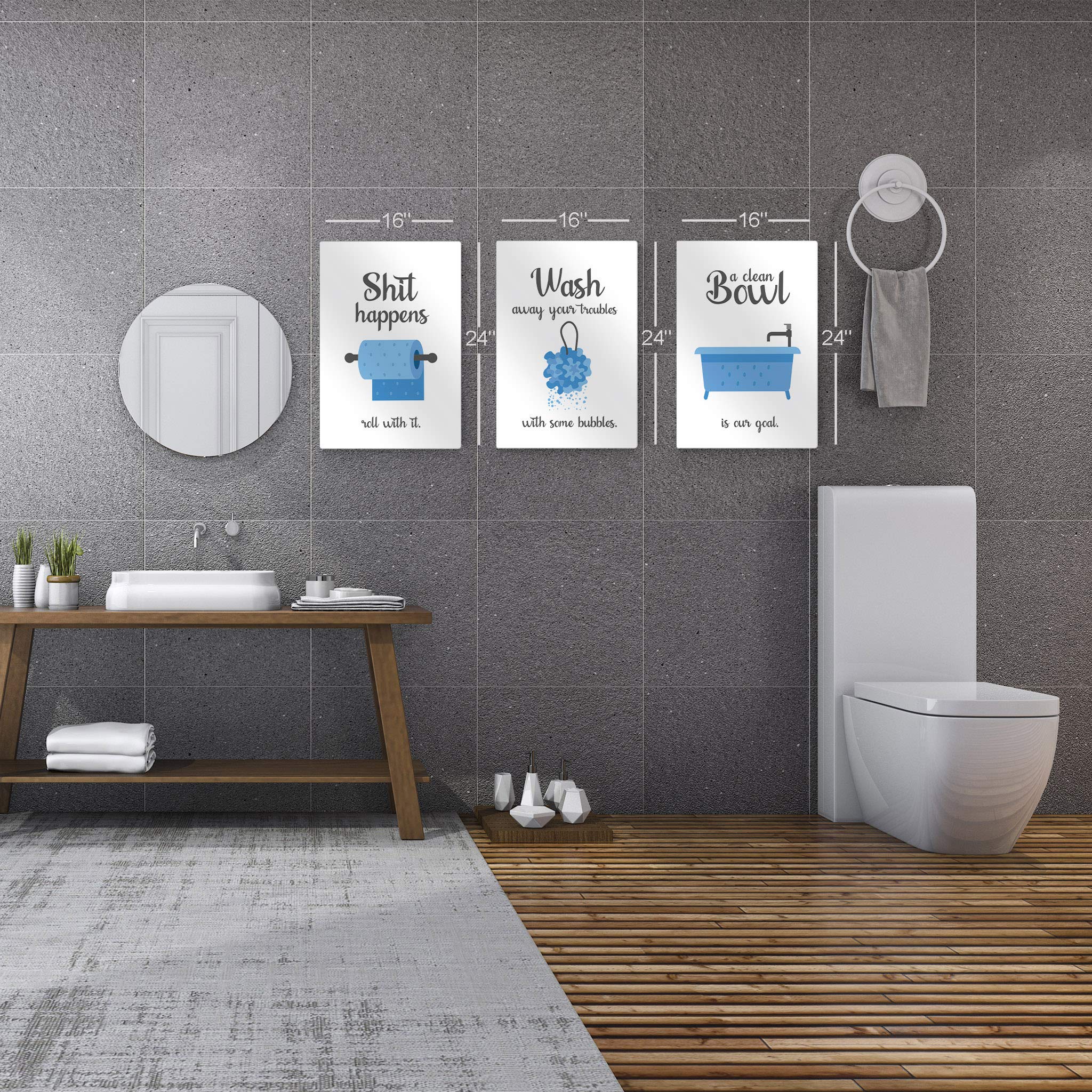 Smile Art Design 'Shit Happens' Funny Bathroom Wall Art Set - 3 Piece Metal Print (17x11 inches) with 'Wash Away Your Troubles' Quote - Ready to Hang Bathroom Decor for Home, Office or Gift - Humorous Toilet Sign for Stress Relief & Relaxation