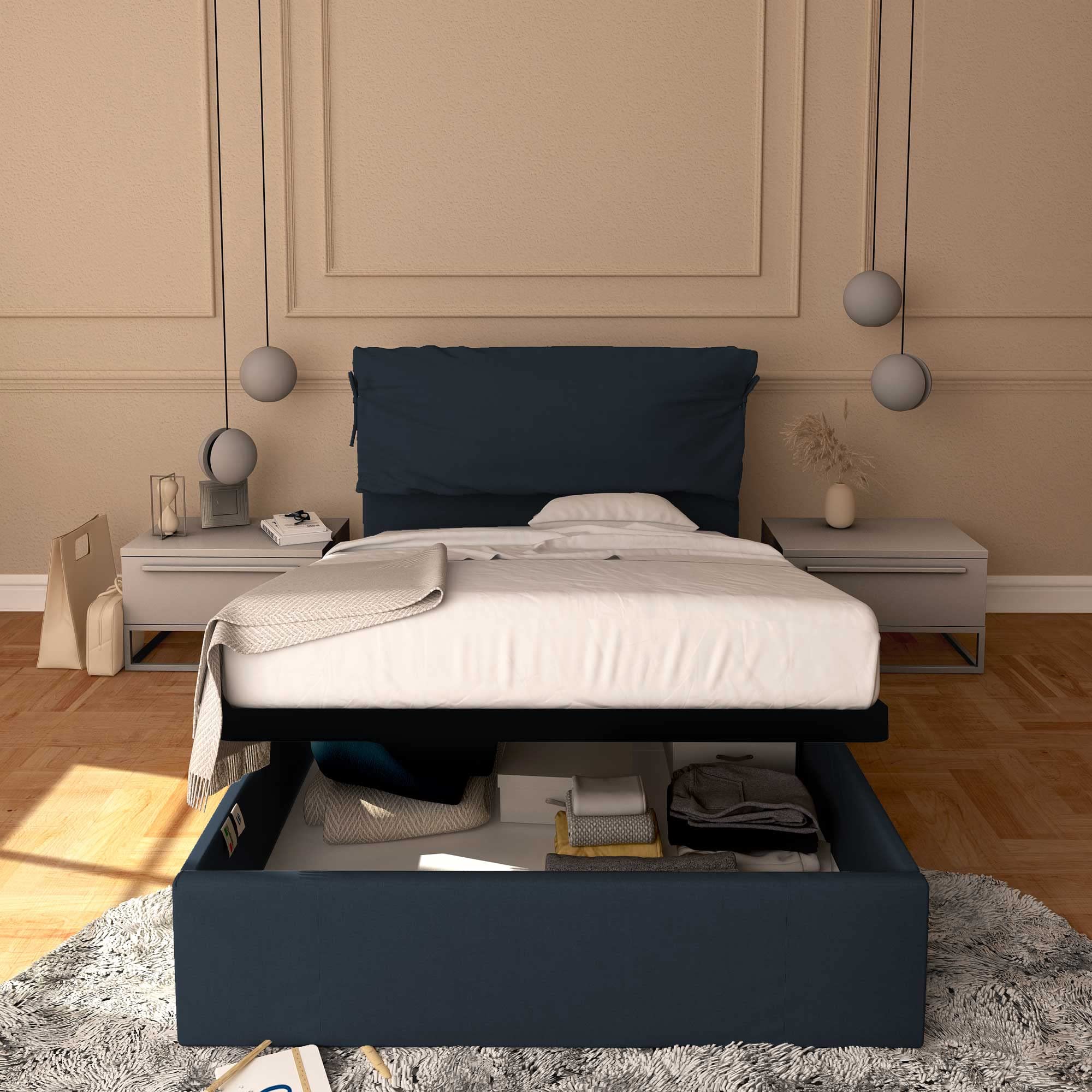 Baldiflex Single Bed Frame with Storage - Licia Soft Synthetic Leather Upholstery, Slatted Base for Single Mattress, 120 x 190 cm, Padded Thin Headboard, Night Blue Color - Perfect for Small Bedrooms, Guest Rooms & Studio Apartments
