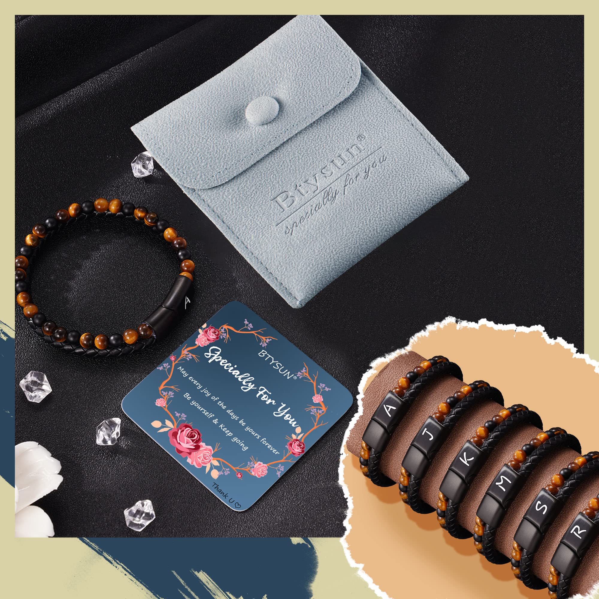 Personalized Leather Bracelet for Men - Custom Initial A-Z, Tiger Eye Beaded Bracelet - Anniversary, Birthday Gift for Him (Boyfriend, Husband, Dad, Son) - Perfect for Fathers Day, Valentines & Special Occasions - Stylish Layered Bracelet for Everyday Wear & Gifts