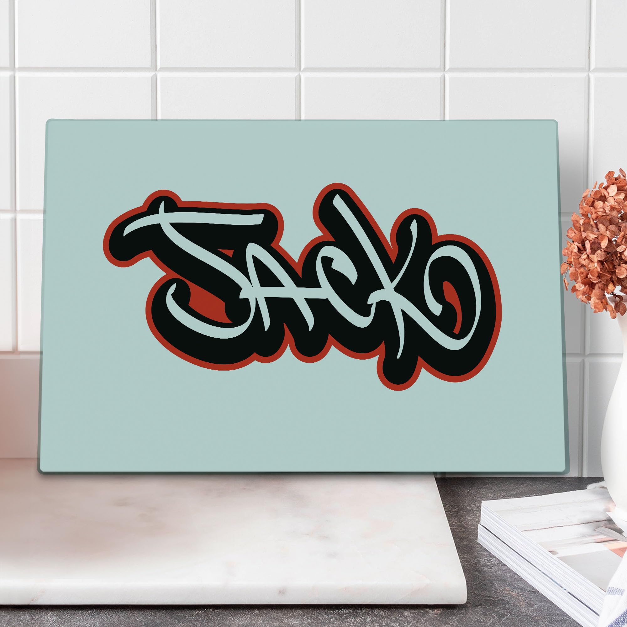 Ambesonne Jack Graffiti Font Cutting Board - Urban Modern Typography Tempered Glass Serving Board - Large Size (Vermilion Black White) - Perfect for Hip-Hop Themed Kitchens, Party Serving & Unique Home Decor