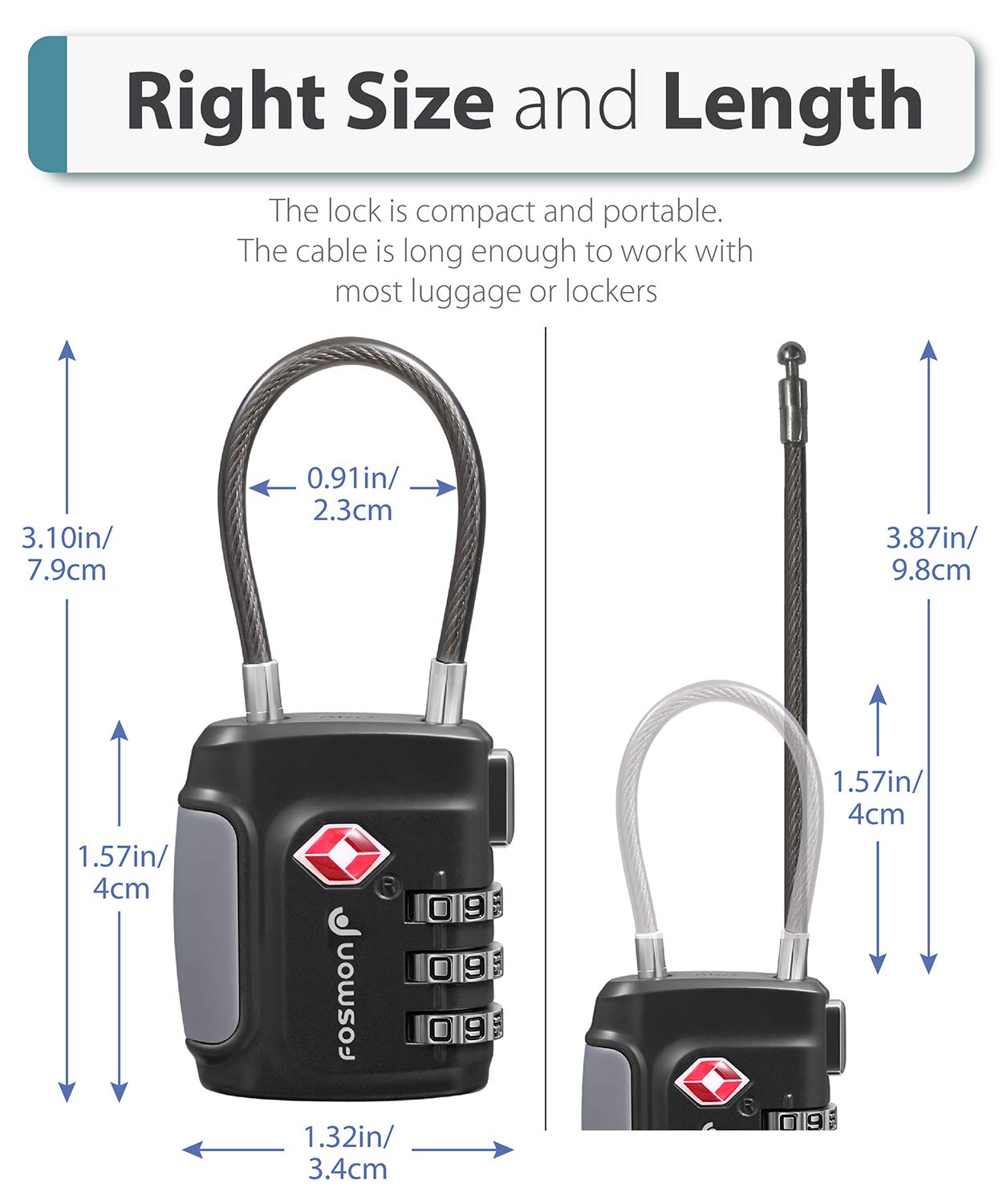 Fosmon TSA Approved 3-Digit Combination Cable Lock for Luggage, Suitcase, Backpack & Gun Cases - Secure Push Button Release with Long Shackle Wire - Ideal for Travel, Gym Bags & Storage Protection