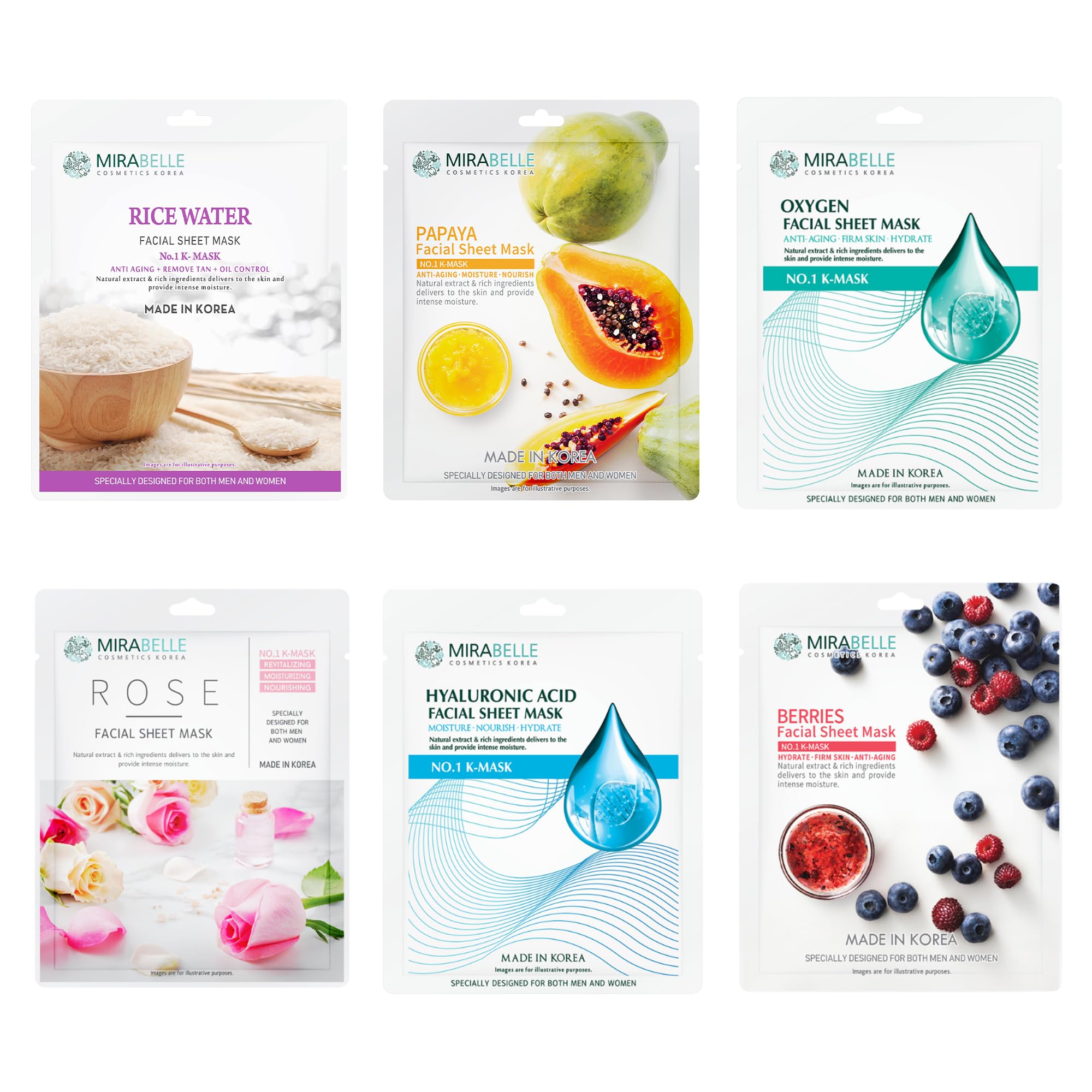 Mirabelle Cosmetics Hydrating Facial Sheet Mask for Normal Skin - Pack of 6 | Daily Skincare Routine, Spa Night, Self-Care & Relaxation