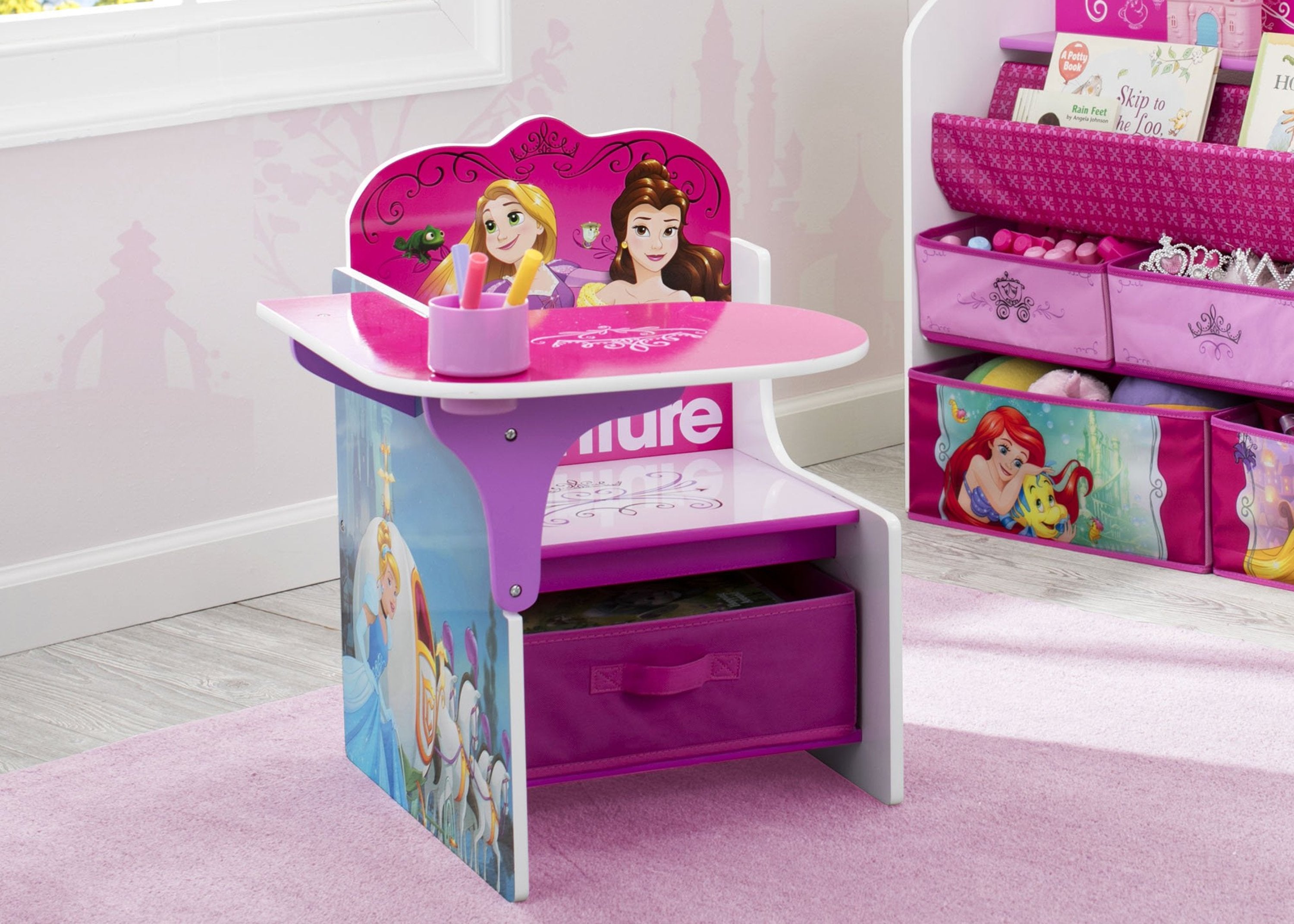 Princess Chair Desk with Storage Bin - Kids Study Table & Organizer for Bedroom, Playroom & Homeschooling